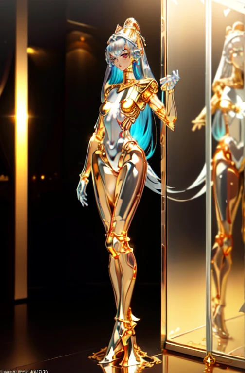 highest quality, masterpiece, High resolution, (Exquisite body: 1.5), Gorgeous face, (metal skin: 1.3), Intricate details, High resolution, wallpaper, whole body, 
whole bodyショット, 1 Girl, Transparent robot body, Naked skeleton, tied to a transparent tube, (((((Gold and silver body parts)))), Big eyes, Silver floating hair, Natural pose, 
16k, High resolution, High Resolution, Depth Field, (Film Grain: 1.1), Book, Golden Hour, (Lens flare), Vignette, rainbow, (Color Grading: 1.5)