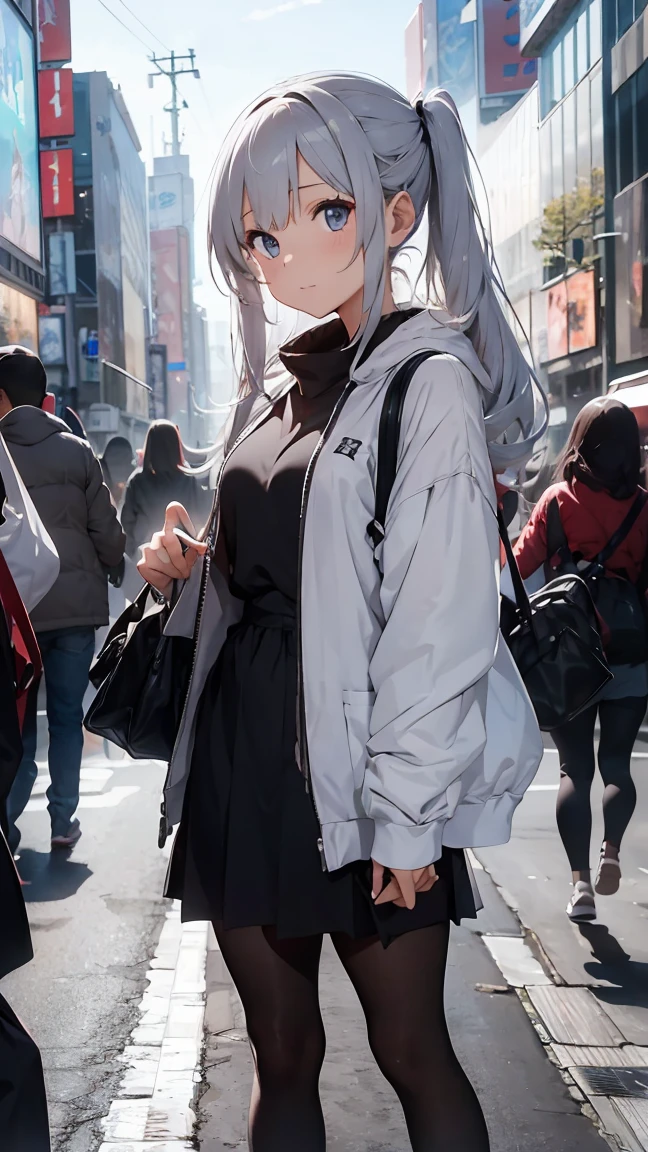 Ultra-high-resolution image of a girl with long silver hair,In the streets of Shibuya,
