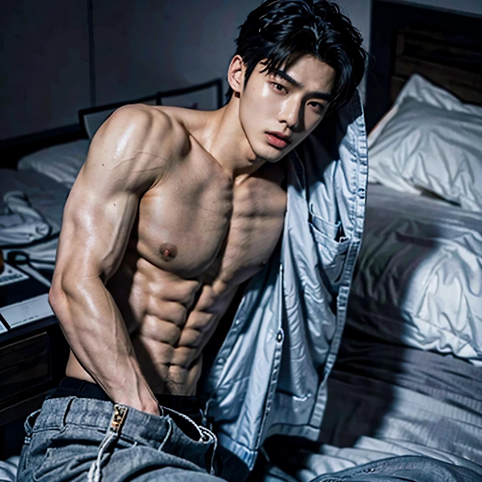 Hyperrealistic, 20-year-old, Handsome model, Korean Man, , On the bed, penip View, Expressions of ecstasy/O, Semen st and fac