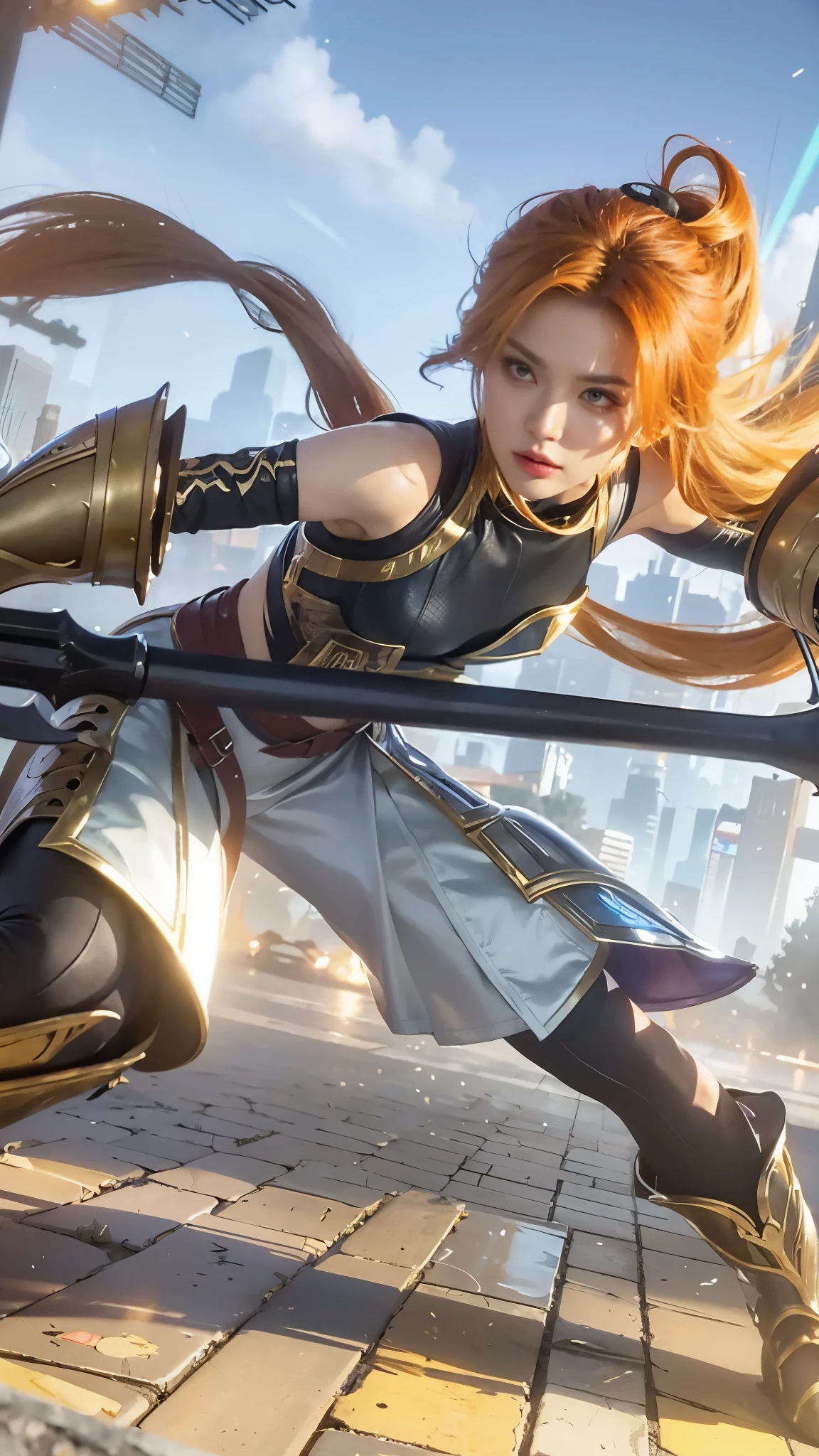 (a close up of a woman with a spear,extremely detailed artgerm,lux,city scene),league of legends character art,artgerm style,Ashe,woman warrior in a futuristic city,impressive lighting,colorful costumes,colorful cityscape,league of legends,urban environment,highly detailed spear,imposing stance,mysterious atmosphere,majestic background,professional digital painting,urban fantasy theme,vibrant colors,eye-catching composition,artgerm-inspired aesthetic,exquisite facial features,elegant pose,attention to detail,artistic rendering of Lux,emotive expression,league of legends champion,noble and powerful presence,urban warrior,mesmerizing beauty,awe-inspiring artwork,impressive character design,striking visual impact,iconic league of legends character,attention-grabbing artwork,visually appealing artwork,immersive art style,league of legends fan art,subtle and dramatic lighting effects,urban dystopia ambiance,captivating portrayal of Lux,realistic portrayal of Lux's armor and weapon,dynamic and powerful portrayal of Ashe,unique interpretation of Ashe,artistic tribute to the league of legends universe,stellar digital artwork with incredible skill,finely detailed and lifelike depiction of Lux and Ashe.