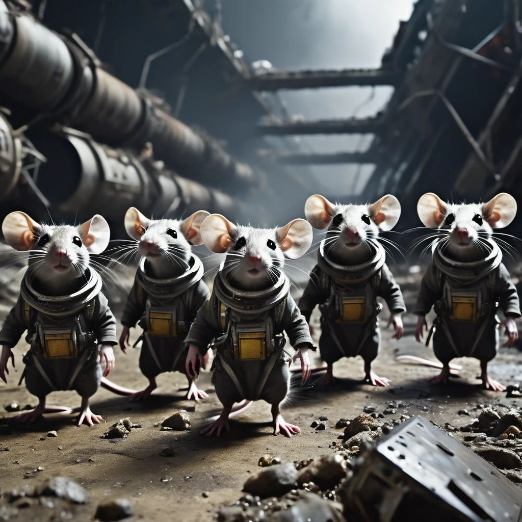 A group of small rat-like humanoids dressed in scavenged piecemeal outfits scavenge crashed space ships in an apocalyptic wasteland