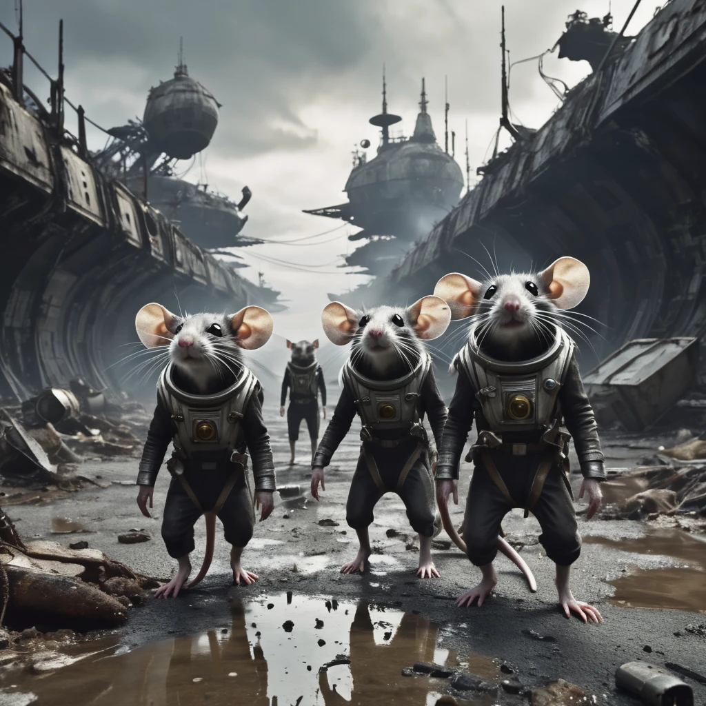 A group of small rat-like humanoids dressed in scavenged piecemeal outfits scavenge crashed space ships in an apocalyptic wasteland