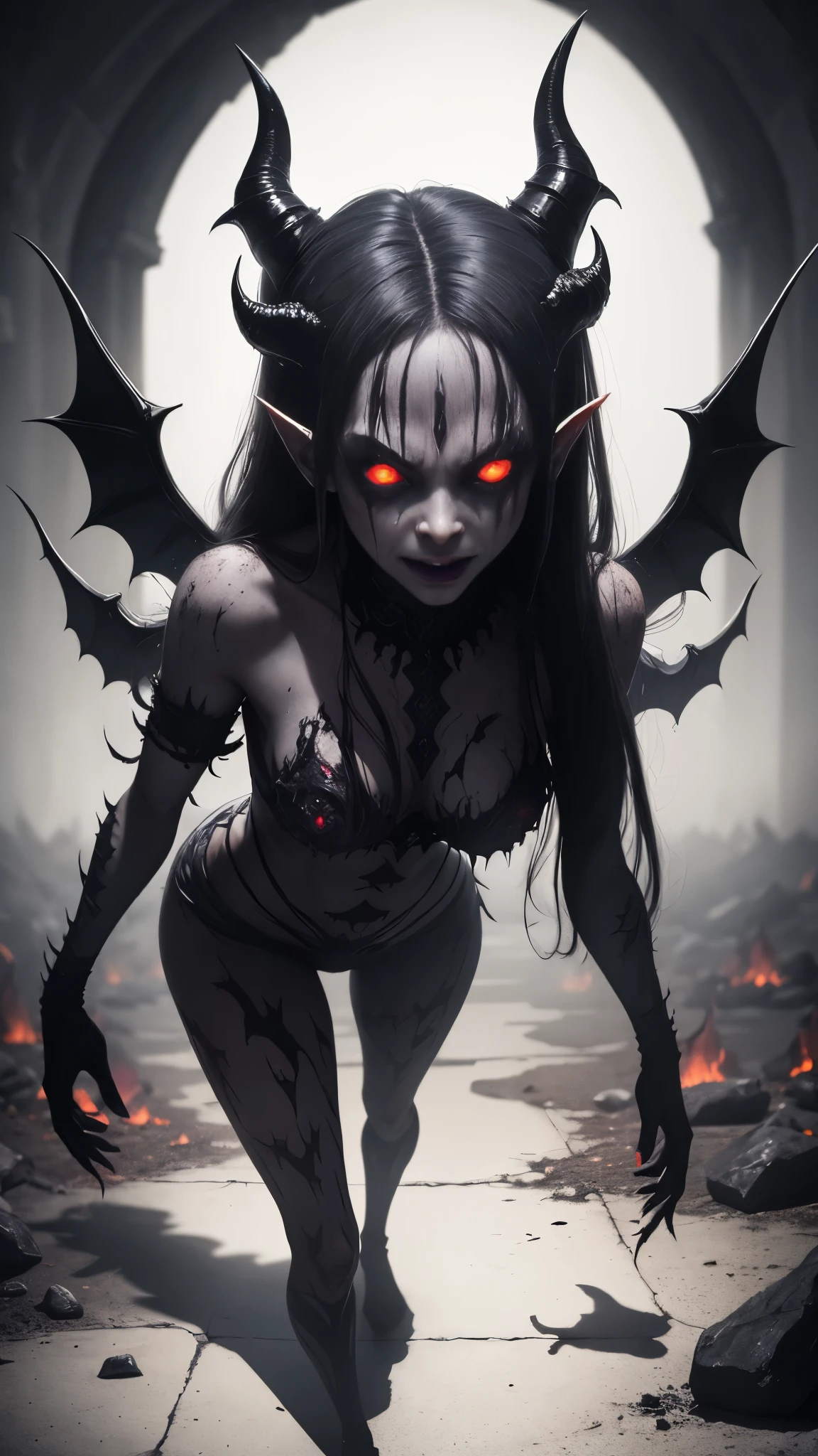 ugly Satangirl,devil,horns,red skin,dark eyes,sinister smile,evil aura,burning flames,demonic power,soul corruption,dark shadows,ominous atmosphere,demonic rituals,strange symbols,cursed ground,eternal darkness,haunting presence,menacing figure,grotesque features,horror scene,nightmarish creatures,distorted reality,terrifying atmosphere,dreadful artwork,wickedness unleashed,demonic realm,supernatural horror,macabre art,nightmare fuel,terrifyingly vivid,abstract terror,dreadfully beautiful,diabolical masterpiece,horror personified,shadowy chaos,demonic existence,raw darkness,unholy creation.