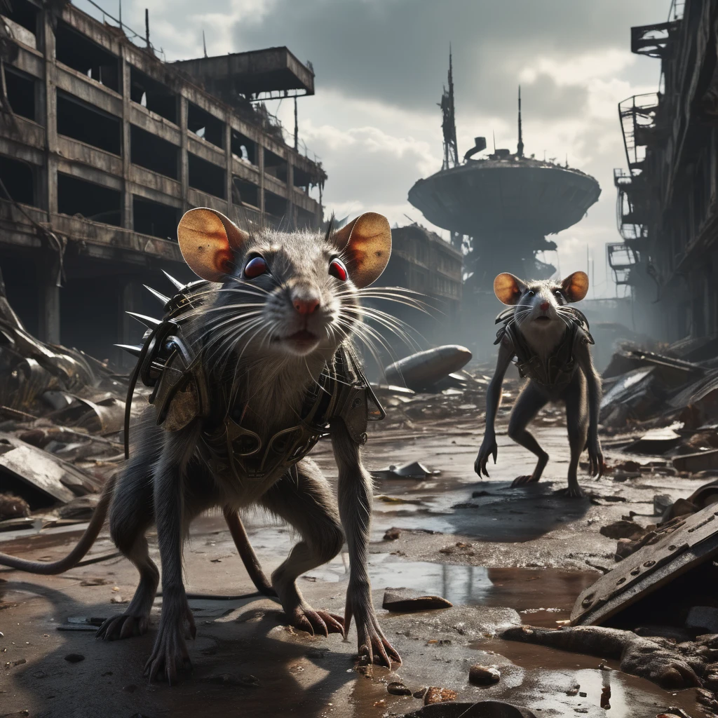 (best quality,4k,8k,highres,masterpiece:1.2),ultra-detailed,(realistic,photorealistic,photo-realistic:1.37),a group of small rat-like humanoids dressed in scavenged piecemeal outfits,scavenging crashed space ships,apocalyptic wasteland,desolate terrain,dusty atmosphere,dilapidated structures,ruined city,overgrown vegetation,crumbling architecture,abandoned vehicles,rusted metal debris,weathered spacecraft,piles of scrap metal,tech salvage,alien technology,surreal landscapes,desperate survival,post-apocalyptic society,multiple humanoid figures,scurrying movements,sharp claws,dark fur,red glowing eyes,intense focus,determined expressions,intense sunlight,strong shadows,harsh lighting,ominous sky,dystopian atmosphere,dreary color palette,desaturated tones,subtle hints of color,ruins of civilization,industrial decay,aftermath of disaster