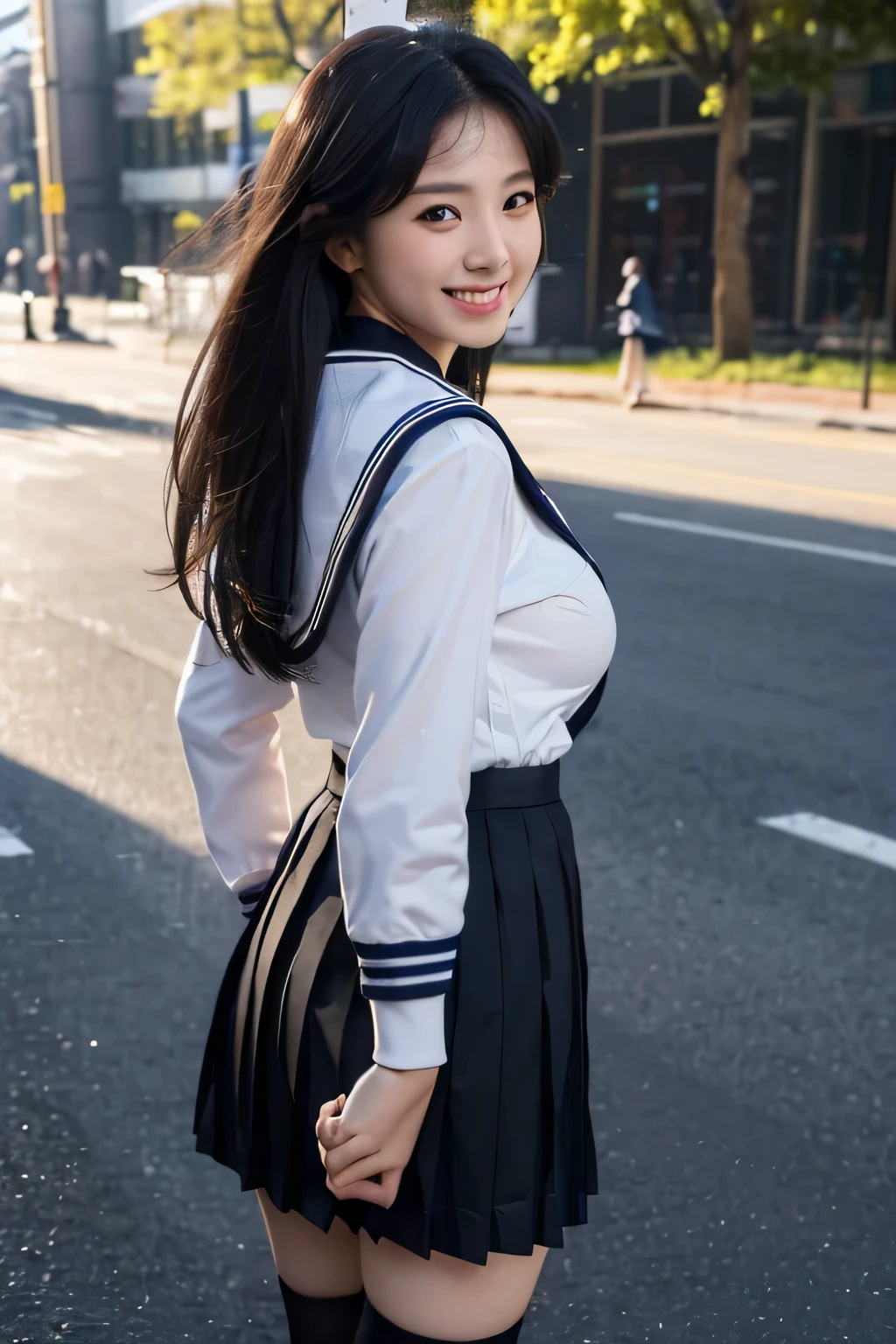 (Hyperrealism, 10, very detailed, highest quality, Very detailed, masterpiece, Ultra-realistic, High Detail, Raw photo, Realistic,)((Walking Path,A moment in the day、Warm season)),(((Sailor suit, school uniform))), (((Black pleated skirt))), (Black Stockings),(smile、smile、Composition from behind))、highest quality, (((whole body)))、(((big breasts、Gcup)))、Beautiful Japanese Girl,Long Hair、Black Hair、 Smiling in a sexual way, ((Accurate Clothing、Accurate human body))