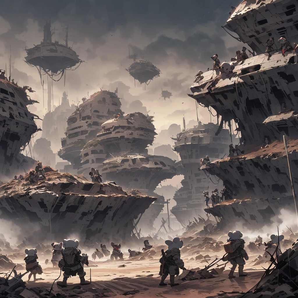 A group of small rat-like humanoids dressed in scavenged piecemeal outfits scavenge crashed space ships in an apocalyptic wasteland