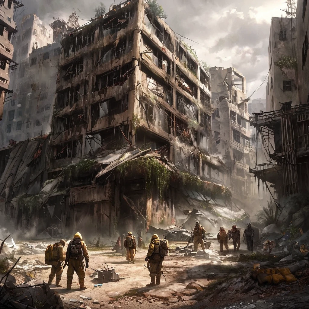 highres,realistic,scavengers,post-apocalyptic,wasteland,small humanoid rats,scavenged outfits,crashed spaceships,desolate landscape,dystopian cityscape,ruins,dark atmosphere,smoke-filled air,tattered clothes,shattered glass,broken machinery,dangerous expedition,murky skies,HAZMAT suits,exploration,adventure,abandoned technology,ominous presence,secrets of the past,undiscovered treasures,dusty terrain,ruined infrastructure,desperation,survival instincts,resourceful,metals,electronic components,scrap parts,clinging to life,decaying structures,haunting silence,hidden dangers,mysterious artifacts,stolen goods,valuable relics,ominous shadows,harsh living conditions,metallic echoes,search for hope,sunlight breaking through,signs of life amongst ruins,small sparks of joy,incredible resilience,deep bonds of kinship