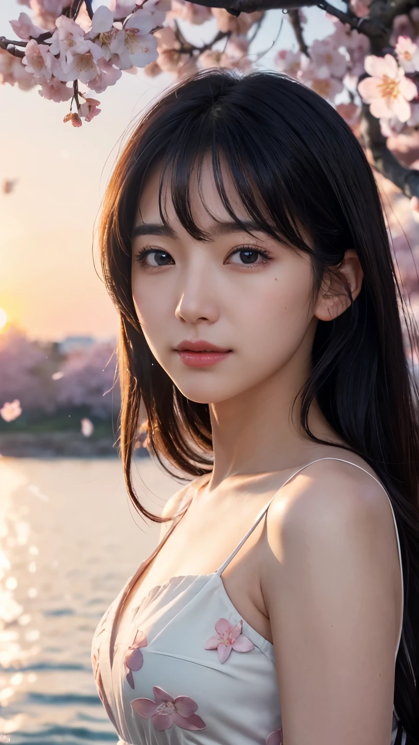 (logo、masterpiece、8k、Tabletop、RAW Photos、wonderful、最high quality、Photorealistic and Very detailed CG integrated 8k wallpaper、high quality、Very detailed、Narrative poem、Particle Effects、Dynamic Effects、Written boundary depth、Cinematic Light、Lens flare、Ray Tracing)、Fantasy、 (One beautiful woman、dress、dress、Cherry blossom pattern、Black-haired、Beautiful Face、True Face、Beautiful details、eye、Beautiful Skin)、私の髪はWindに舞う、Hair flutters in Wind、Hair bounces、Pink cherry blossom tree、Petals fluttering、SakuraFubuki、wonderful scenery、sunrise、Sun in the background、Wind