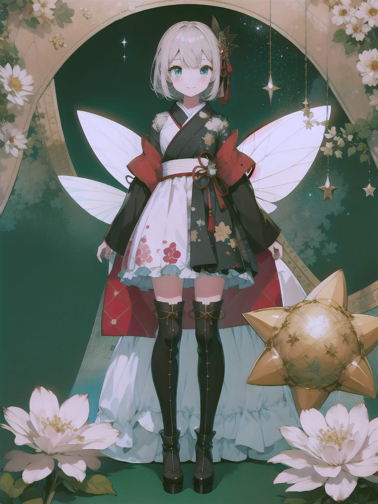 (masterpiece)、(highest quality)、(An illustration)、1 Girl、solo、Looking at the viewer、blue eyes、smile、vtuber-fullbody、Star Fairy、最高masterpiece、Official Art、Super detailed、super beautiful、かわいいStar Fairy、white straight short hair、Milky Way、universe、star charm、Star、Baby Face、Knee-high boots、Japanese pattern dress、浴衣をリメイクした黒と紺色のuniverseを思わせるOiranフリルドレス、Oiran、Simple Background、green background、
