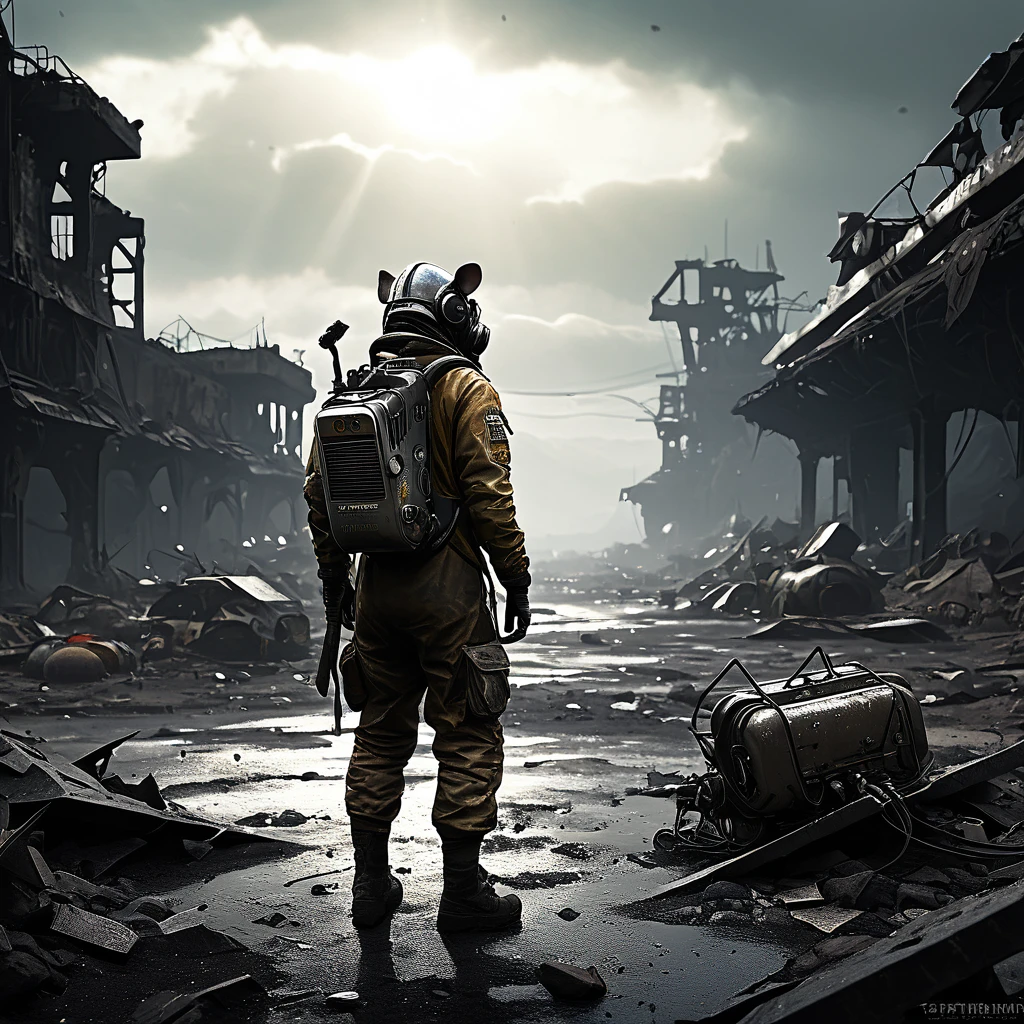 highres,realistic,scavengers,post-apocalyptic,wasteland,small humanoid rats,scavenged outfits,crashed spaceships,desolate landscape,dystopian cityscape,ruins,dark atmosphere,smoke-filled air,tattered clothes,shattered glass,broken machinery,dangerous expedition,murky skies,HAZMAT suits,exploration,adventure,abandoned technology,ominous presence,secrets of the past,undiscovered treasures,dusty terrain,ruined infrastructure,desperation,survival instincts,resourceful,metals,electronic components,scrap parts,clinging to life,decaying structures,haunting silence,hidden dangers,mysterious artifacts,stolen goods,valuable relics,ominous shadows,harsh living conditions,metallic echoes,search for hope,sunlight breaking through,signs of life amongst ruins,small sparks of joy,incredible resilience,deep bonds of kinship
