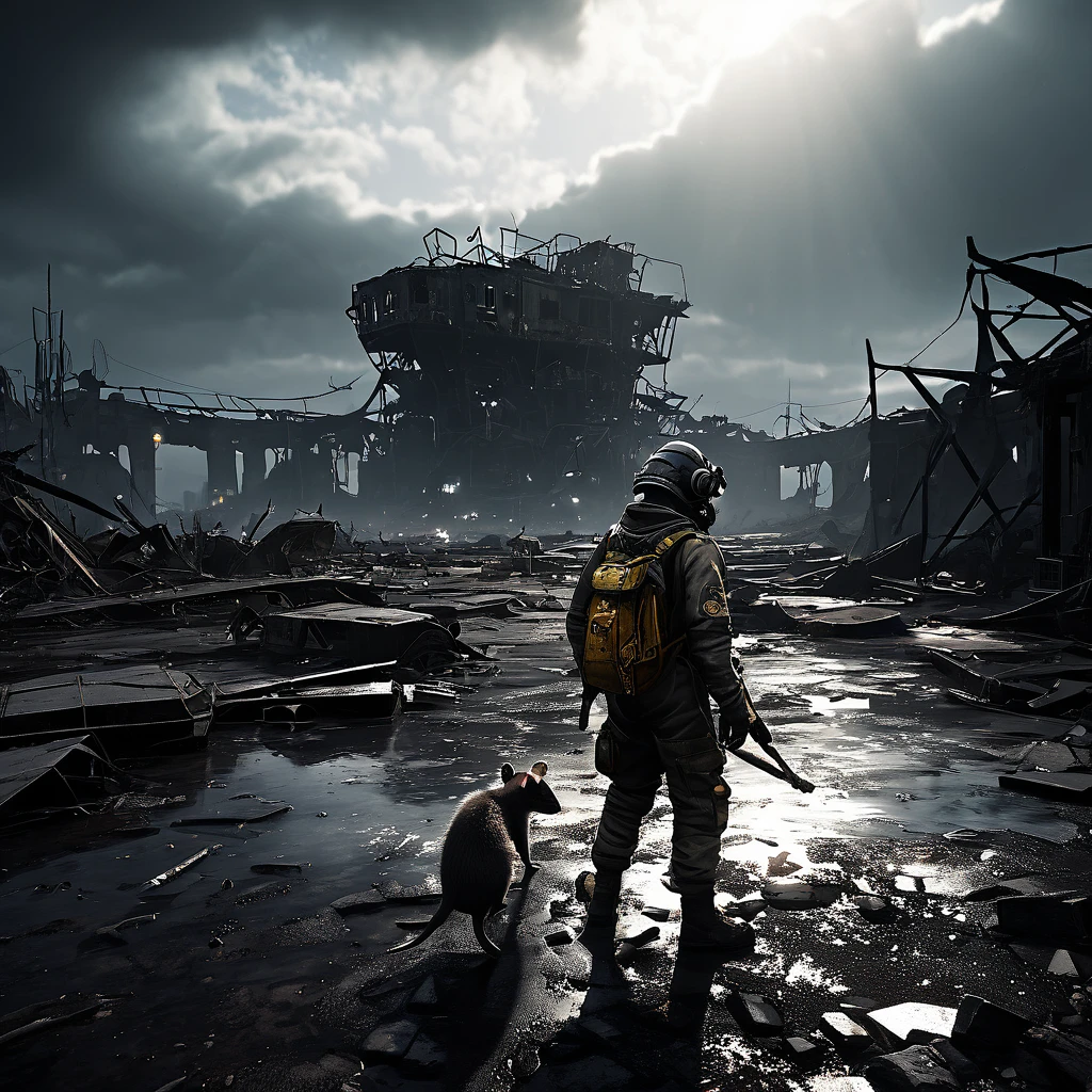 highres,realistic,scavengers,post-apocalyptic,wasteland,small humanoid rats,scavenged outfits,crashed spaceships,desolate landscape,dystopian cityscape,ruins,dark atmosphere,smoke-filled air,tattered clothes,shattered glass,broken machinery,dangerous expedition,murky skies,HAZMAT suits,exploration,adventure,abandoned technology,ominous presence,secrets of the past,undiscovered treasures,dusty terrain,ruined infrastructure,desperation,survival instincts,resourceful,metals,electronic components,scrap parts,clinging to life,decaying structures,haunting silence,hidden dangers,mysterious artifacts,stolen goods,valuable relics,ominous shadows,harsh living conditions,metallic echoes,search for hope,sunlight breaking through,signs of life amongst ruins,small sparks of joy,incredible resilience,deep bonds of kinship