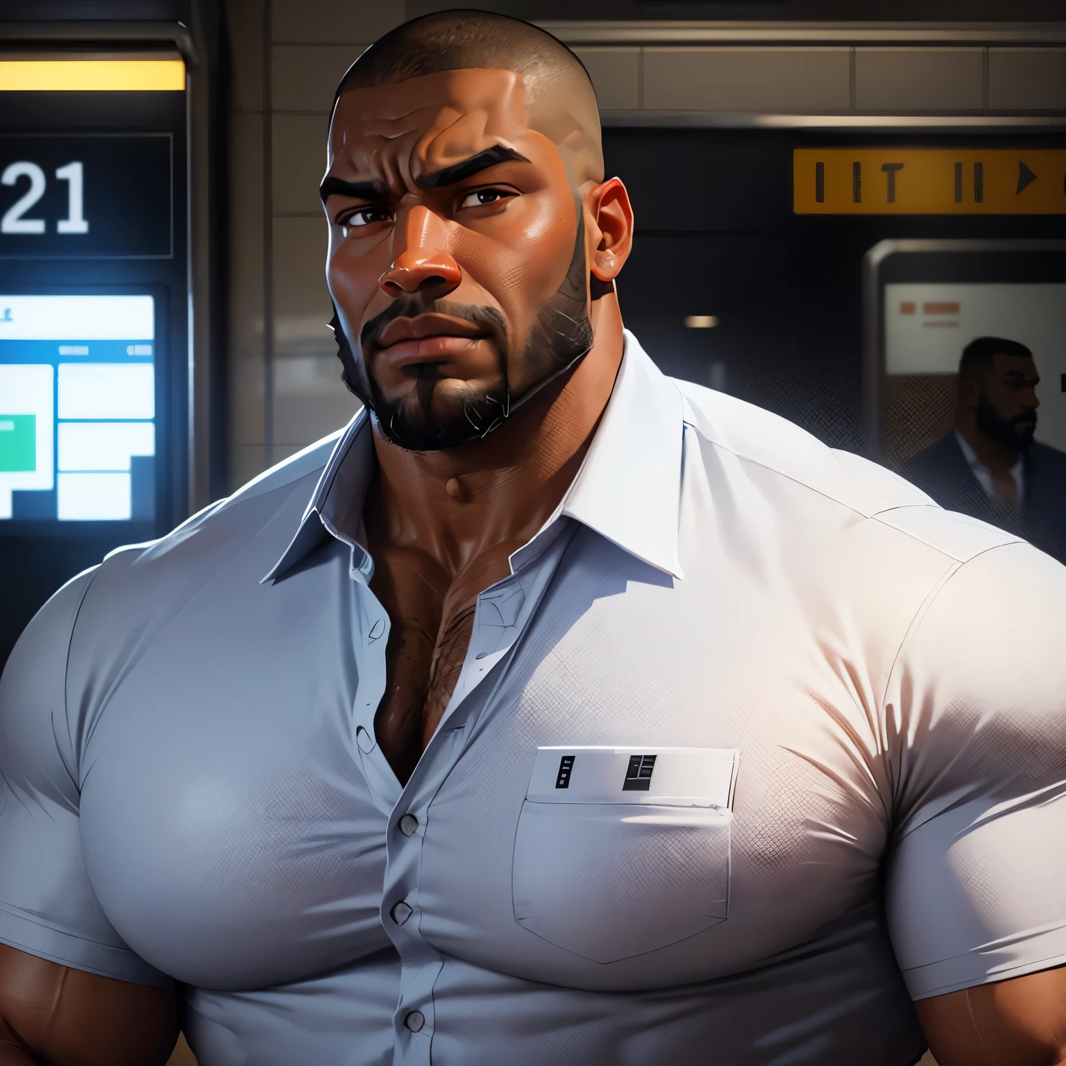 an exaggeratedly muscular and large bodyguard, beefy build, beard, dark-skinned african american male, buzzcut hair with square line, (worried expression: 1.2), (wearing business shirt: 1.2), small name tag on shirt, (bara pecs: 1.3), (arm and chest hair: 1.1), close-up portrait HD, (train station)