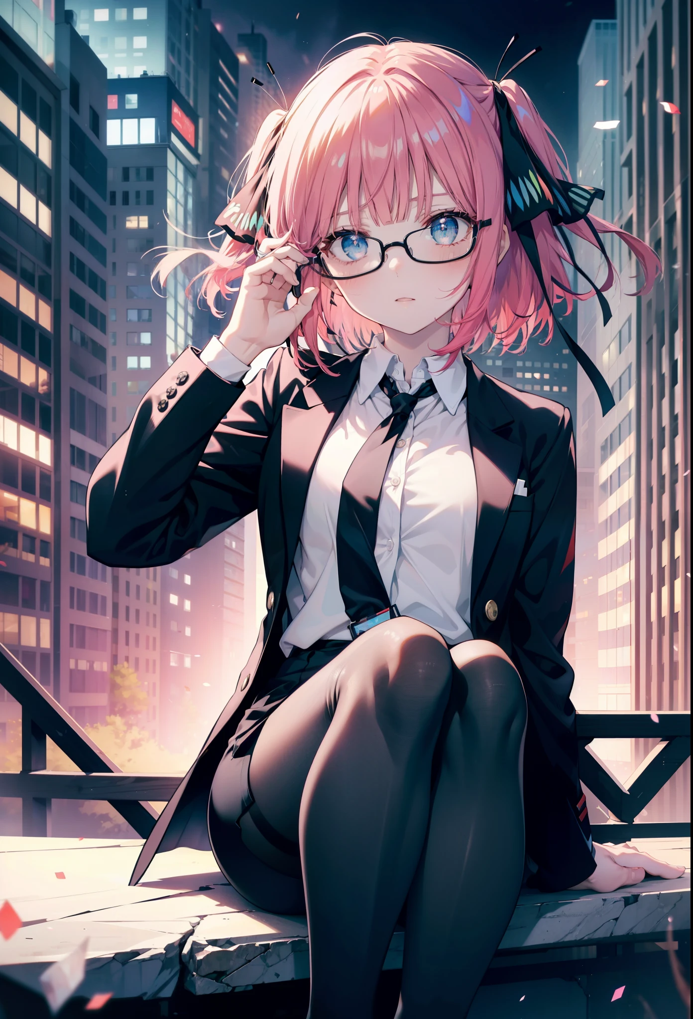 Anime girl with short pink hair and a red bow on her head, black glasses, white clothes, short black skirt, high-top shoes and big breasts