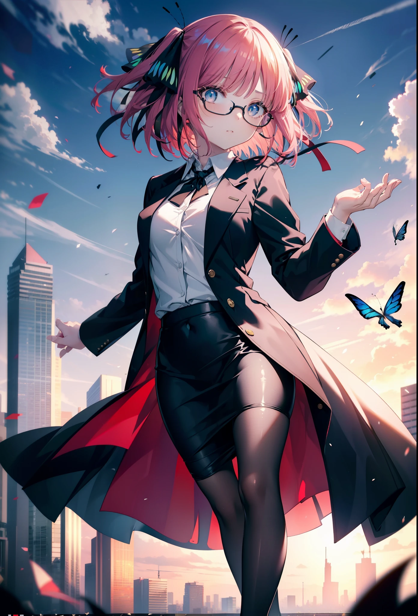 I was silent, Nino Nakano, short hair, bangs, blue eyes, hair ornaments, Hair Ribbon, Pink Hair, blunt bangs, Both sides up, butterfly hair ornaments,OL, Red glasses, end, Black suit jacket, Collared jacket, White dress shirt, Collared shirt, Neckline, button, strap, ID card on the neck, Black pencil skirt, Black Pantyhose, Stiletto heels,Daytime,Clear skies,
break outdoors, Building district,
break looking at viewer, break (masterpiece:1.2), highest quality, High resolution, unity 8k wallpaper, (shape:0.8), (Fine and beautiful eyes:1.6), Highly detailed face, Perfect lighting, Highly detailed CG, (Perfect hands, Perfect Anatomy),