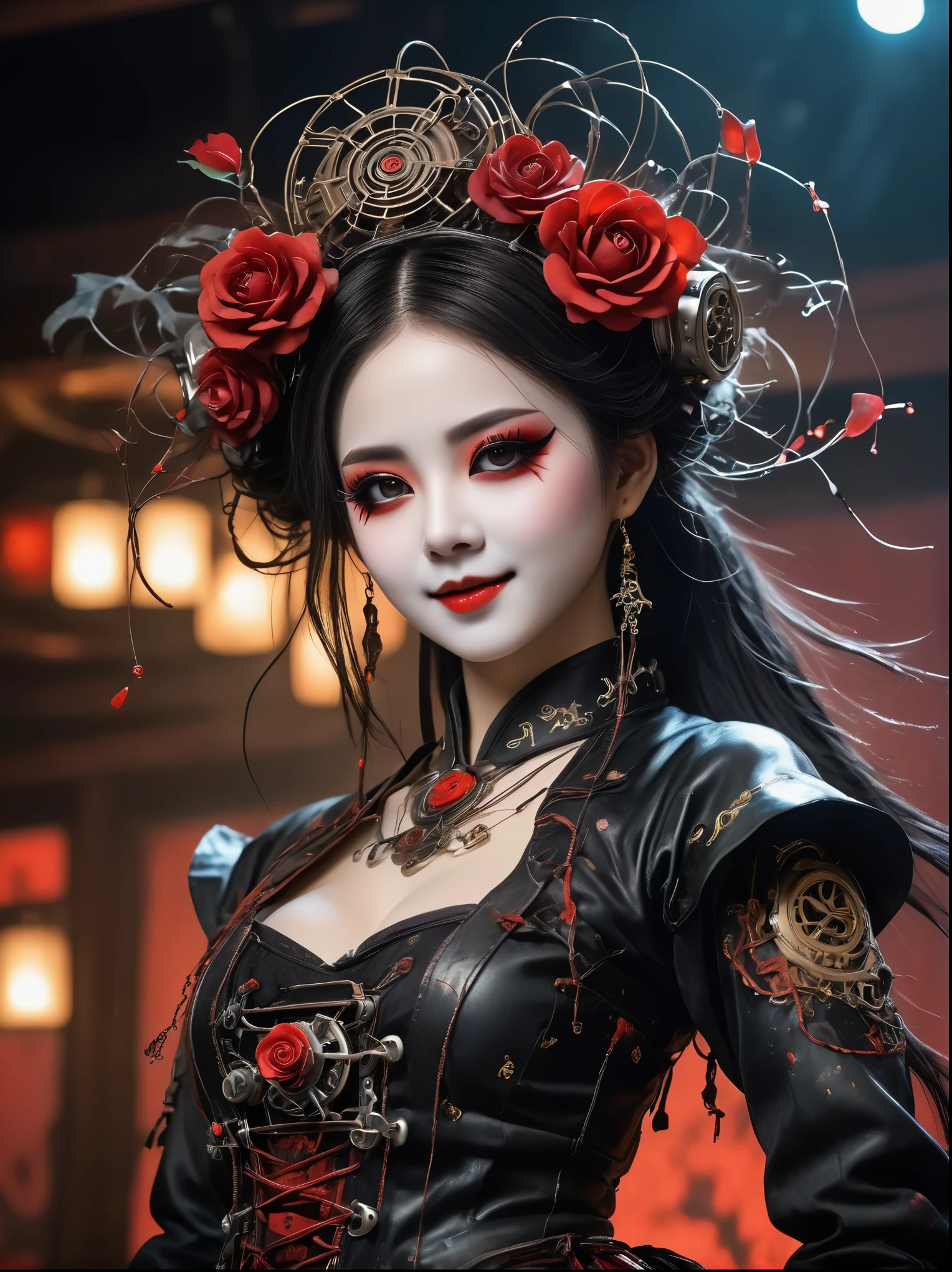 Lifelike,on stage,Possessing human emotions and intelligence,Scary mechanical doll,big eyes,Black eye makeup,Spooky smile,tilted head,Mechanical joints,Fluffy hair,whole body,Damaged leather boots,The arm consists of many connecting wires,Someone is in control,levitate,Air,Metal skin decoration,dirty,Ragged clothes,Rag clothes,Luminescence,Hanfu,Flowers on the head,(Blood splatter),(Wound),((Gothic Rose)),best quality, masterpiece, anatomically correct, textured skin, award winning, best quality, 8k