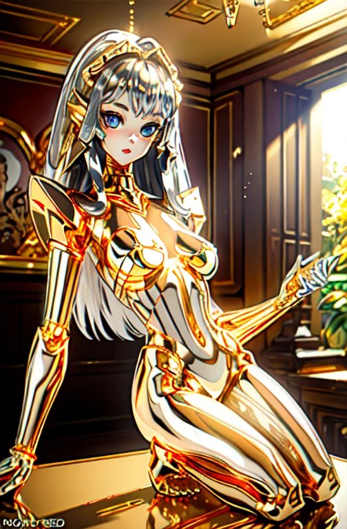 highest quality, masterpiece, High resolution, (Exquisite body: 1.5), Gorgeous face, (metal skin: 1.3), Intricate details, High resolution, wallpaper, whole body, 
whole bodyショット, 1 Girl, translucent robotic body, Naked skeleton, tied to a transparent tube, (((((Gold and silver body parts)))), Pretty, beautiful, perfect face, Big eyes, Silver floating hair, Natural pose, 
16k, High resolution, High Resolution, Depth Field, (Film Grain: 1.1), Book, Golden Hour, (Lens flare), Vignette, rainbow, (Color Grading: 1.5)