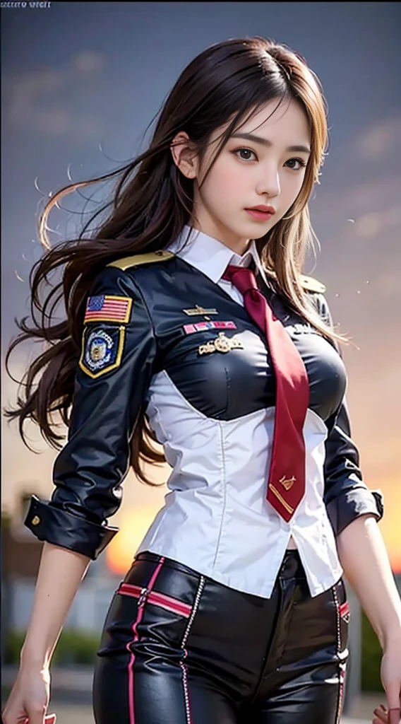 （best qualtiy，8K，32K，tmasterpiece，hyper HD：1.2），（realisticlying：1.5），（tmasterpiece，Extremely detailed CG unifies 8K, 8K, Diamond, and wallpaper，best qualtiy，A high resolution：1.2），（ultra - detailed，hyper HD：1.2），Very cute and beautiful photos of Japanese women，（maroon，wavy and long hair：1.2），AS-Adult，（detailed beautiful girl：1.4），best qualtiy，woman，AS-Adult，（Detailed US Air Force pilot captain uniform：1.3，Black suit trousers：1.3），（White pilot captain's shirt：1.3），（Beautiful sunset US Air Force base runway view background：1.2），ssmile：1，looking at viewert，face to the viewer，（（Perfect female body）），（a narrow waist：1.2），（Full-body image：1.3），Slim，ventania，dynamicposes，cinematric light，Detailed clothes，perfect anatomia，perfect proportions，detailed human body，marching，heroic look