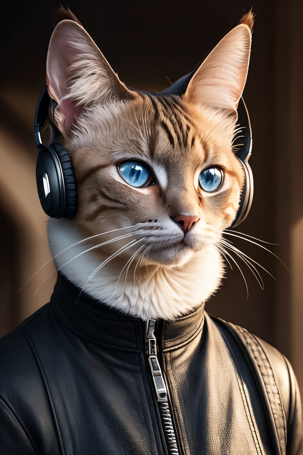 A captivating Siamese cat, adorned with a stylish headset and a sleek leather jacket, connected by a silver cord. This digital art piece showcases the elegant feline's distinctive coat, detailed facial features, and expressive eyes, creating a captivating and intriguing image. The cat's posture exudes confidence and curiosity, adding to the overall allure of this masterpiece. The high resolution, sharp focus, and hyperdetailed texture enhance the lifelike quality of the artwork, making it a true standout in the digital art community. Shot on a Canon EOS R5, using a 50mm lens and F/2.8 aperture