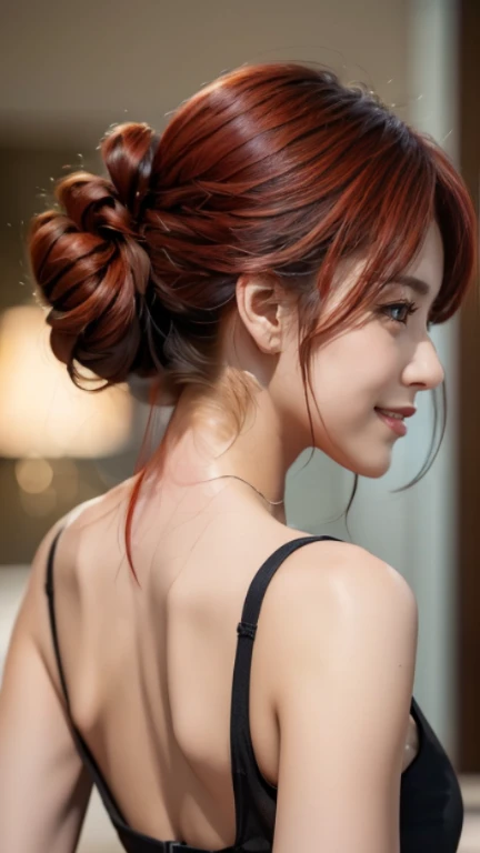 A breathtaking masterpiece、Filmed in stunning 8K resolution、This portrait is exquisitely painted...、that&#39;Genuine.。The scene is bathed in HDR light.....、that depicts a beautiful woman in the middle distance.、((Hair Bun:1.8、Straight hair、Redhead:1.4))、Medium Chest、high school girl、(Cafe:1.4)、((blouse、Aprons are beautiful、With store logo、We welcome our customers with a bright smile。))、(Back Arch Pose)、Her hands were placed gently on her head、blush、She exudes an aura of grace and charm....