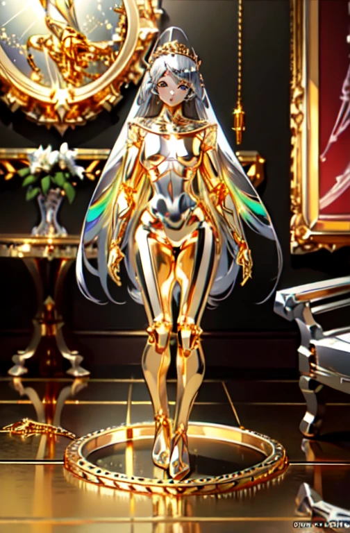 highest quality, masterpiece, High resolution, (Exquisite body: 1.5), Gorgeous face, (metal skin: 1.3), Intricate details, High resolution, wallpaper, whole body, 
whole bodyショット, 1 Girl, translucent robotic body, Naked skeleton, tied to a transparent tube, (((((Gold and silver body parts)))), Pretty, beautiful, perfect face, Big eyes, Silver floating hair, Natural pose, 
16k, High resolution, High Resolution, Depth Field, (Film Grain: 1.1), Book, Golden Hour, (Lens flare), Vignette, rainbow, (Color Grading: 1.5)