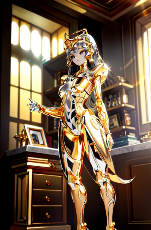 highest quality, masterpiece, High resolution, (Exquisite body: 1.5), Gorgeous face, (metal skin: 1.3), Intricate details, High resolution, wallpaper, whole body, 
whole bodyショット, 1 Girl, translucent robotic body, Naked skeleton, tied to a transparent tube, (((((Gold and silver body parts)))), Pretty, beautiful, perfect face, Big eyes, Silver floating hair, Natural pose, 
16k, High resolution, High Resolution, Depth Field, (Film Grain: 1.1), Book, Golden Hour, (Lens flare), Vignette, rainbow, (Color Grading: 1.5)