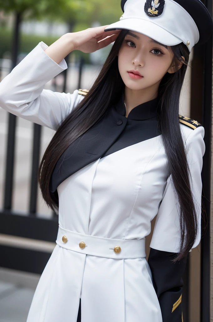 beautiful woman, long twintail, strict white military uniform that form her body, black captain military hat, firm pose, lots of badges on uniform, impossing, dashing pose, bewitching eyes, angry serious expression, standing, military base, outdoor ,bokeh, facing the camera, beautiful body, (adult beauty, big breast, stunning, perfect anatomy, beautiful anatomy, beautiful girl, pretty girl, face facing forward, professional photographer, medium shot, picture from head to wrist, official photo, girl photo, clear face, clear photo, nice angle)