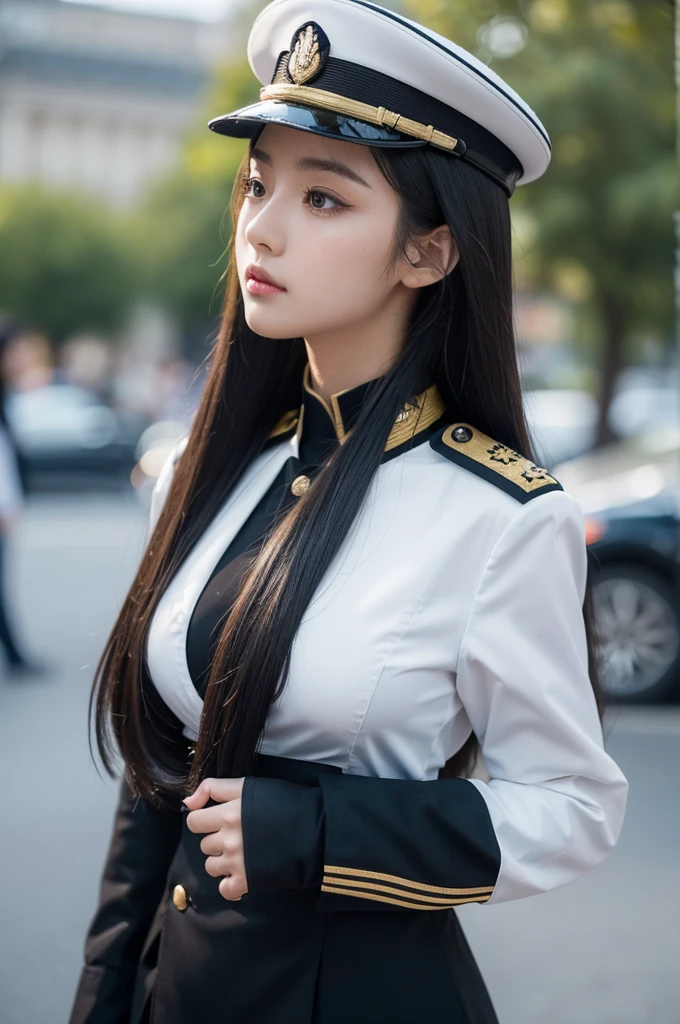 beautiful woman, long twintail, strict white military uniform that form her body, black captain military hat, firm pose, lots of badges on uniform, impossing, dashing pose, bewitching eyes, angry serious expression, standing, military base, outdoor ,bokeh, facing the camera, beautiful body, (adult beauty, big breast, stunning, perfect anatomy, beautiful anatomy, beautiful girl, pretty girl, face facing forward, professional photographer, medium shot, picture from head to wrist, official photo, girl photo, clear face, clear photo, nice angle)