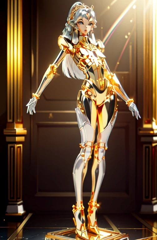 highest quality, masterpiece, High resolution, (Exquisite body: 1.5), Gorgeous face, (metal skin: 1.3), Intricate details, High resolution, wallpaper, whole body, 
whole bodyショット, 1 Girl, Transparent robot body, Naked skeleton, tied to a transparent tube, (((((Gold and silver body parts)))), Pretty, beautiful, perfect face, Big eyes, Silver floating hair, Natural pose, 
16k, High resolution, High Resolution, Depth Field, (Film Grain: 1.1), Book, Golden Hour, (Lens flare), Vignette, rainbow, (Color Grading: 1.5)