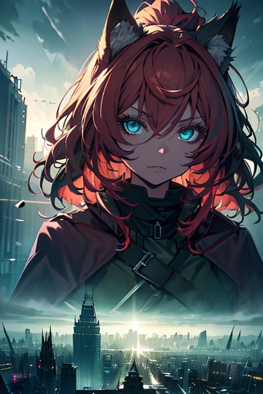 masterpiece, best quality, ((girl)), (colorful),(finely detailed beautiful eyes and detailed face),cinematic lighting,extremely detailed CG unity 8k wallpaper, sky, cloudy_sky, building, (dark theme:1.3), light, fantasy, Fox Ears, red hair and green eyes, ((dark green overcoat)) Mature Woman7