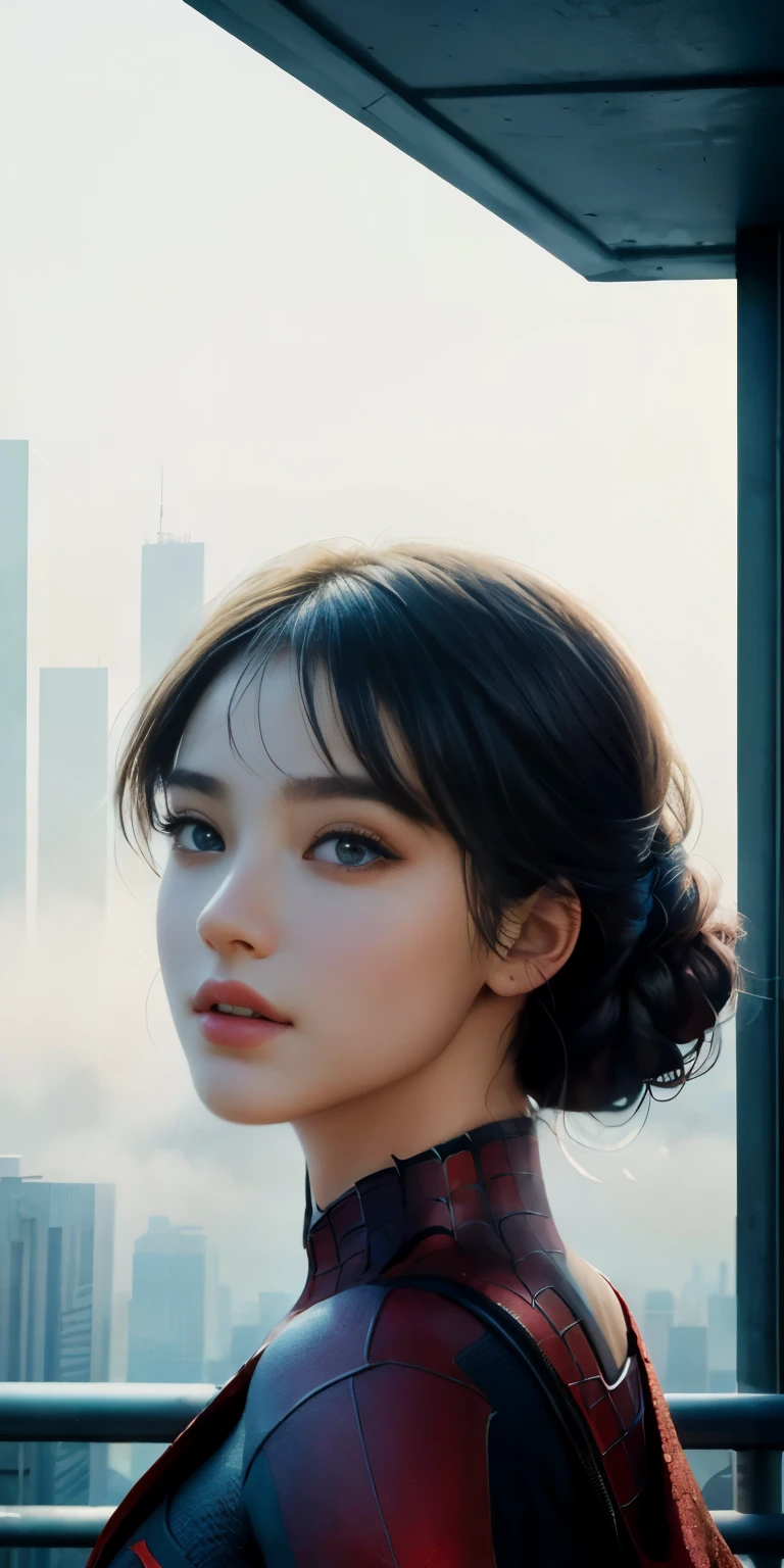 (1girl:1.3), Solo, (((Very detailed face)))), ((Very detailed eyes and face)))), Beautiful detail eyes, Body parts__, Official art, Unified 8k wallpaper, Super detailed, beautiful and beautiful, beautiful, masterpiece, best quality, original, masterpiece, super fine photo, best quality, super high resolution, realistic realism, sunlight, full body portrait, amazing beauty, dynamic pose, delicate face, vibrant eyes, (from the front), She wears Spider-Man suit, red and black color scheme, spider, very detailed city roof background, rooftop, overlooking the city, detailed face, detailed complex busy background, messy, gorgeous, milky white, highly detailed skin, realistic skin details, visible pores, clear focus, volumetric fog, 8k uhd, DSLR, high quality, film grain, fair skin, photo realism, lomography, futuristic dystopian megalopolis, translucent