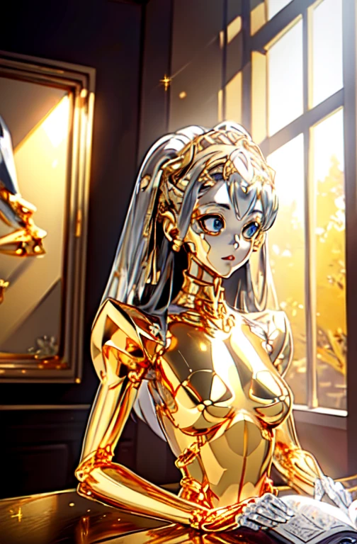 highest quality, masterpiece, High resolution, (Exquisite body: 1.5), Gorgeous face, (metal skin: 1.3), Intricate details, High resolution, wallpaper, whole body, 
whole bodyショット, 1 Girl, Transparent robot body, Naked skeleton, tied to a transparent tube, (((((Gold and silver body parts)))), Pretty, beautiful, perfect face, Big eyes, Silver floating hair, Natural pose, 
16k, High resolution, High Resolution, Depth Field, (Film Grain: 1.1), Book, Golden Hour, (Lens flare), Vignette, rainbow, (Color Grading: 1.5)