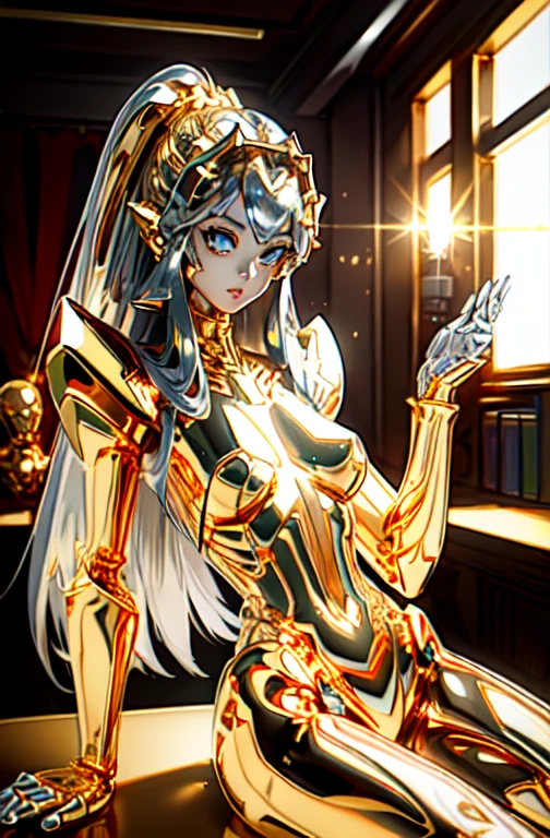 highest quality, masterpiece, High resolution, (Exquisite body: 1.5), Gorgeous face, (metal skin: 1.3), Intricate details, High resolution, wallpaper, whole body,
whole bodyショット, 1 Girl, Transparent robot body, Naked skeleton, tied to a transparent tube, (((((Gold and silver body parts)))), Pretty, beautiful, perfect face, Big eyes, Silver floating hair, Natural pose,
16k, High resolution, High Resolution, Depth Field, (Film Grain: 1.1), Book, Golden Hour, (Lens flare), Vignette, rainbow, (Color Grading: 1.5)