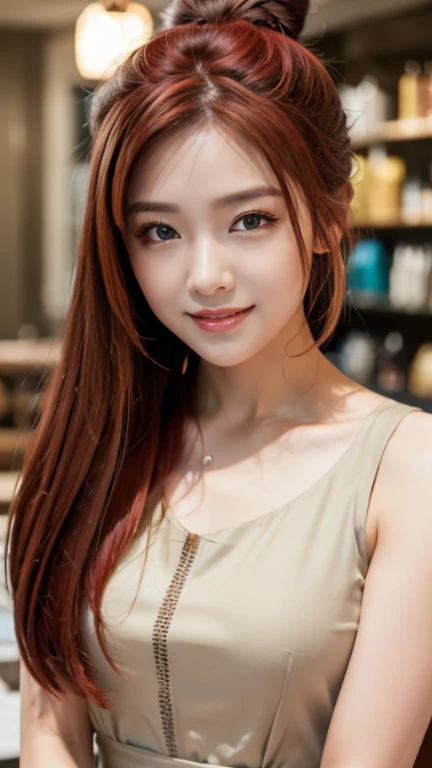 A breathtaking masterpiece、Filmed in stunning 8K resolution、This portrait is exquisitely painted...、that&#39;Genuine.。The scene is bathed in HDR light.....、that depicts a beautiful woman in the middle distance.、((Hair Bun:1.8、Straight hair、Redhead:1.4))、Medium Chest、high school girl、(Cafe:1.4)、((blouse、Aprons are beautiful、With store logo、We welcome our customers with a bright smile。))、Her hands were placed gently on her head、blush、She exudes an aura of grace and charm....