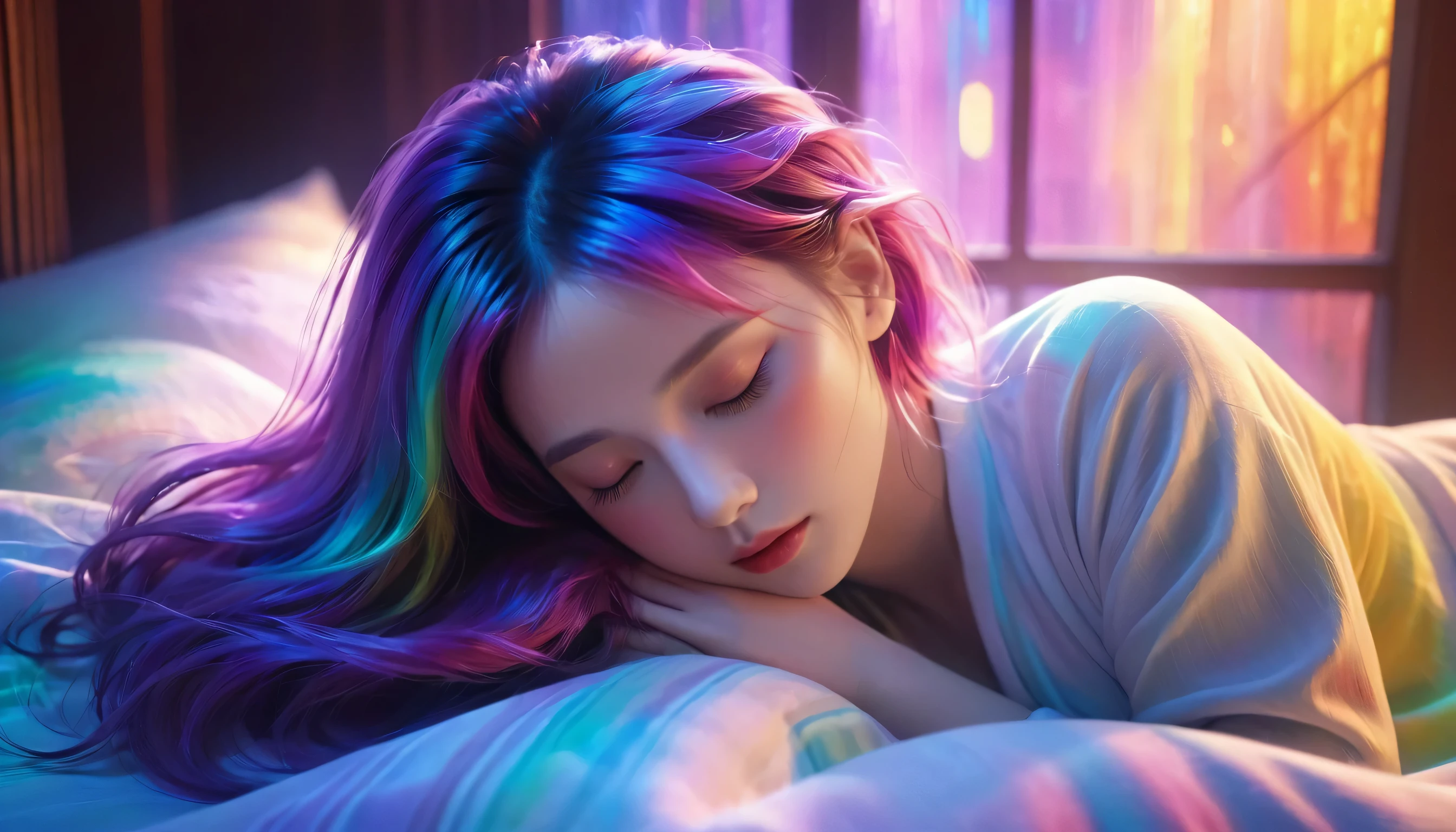 (best quality,8k,ultra-detailed:1.2),(CG,CG art,3D rendering),(masterpiece:1.2),(movie lighting,futuristic),(woman lying in bed,sleeping,closed eyes),(large window behind her,tranquil night),(colorful hair:1.5)
