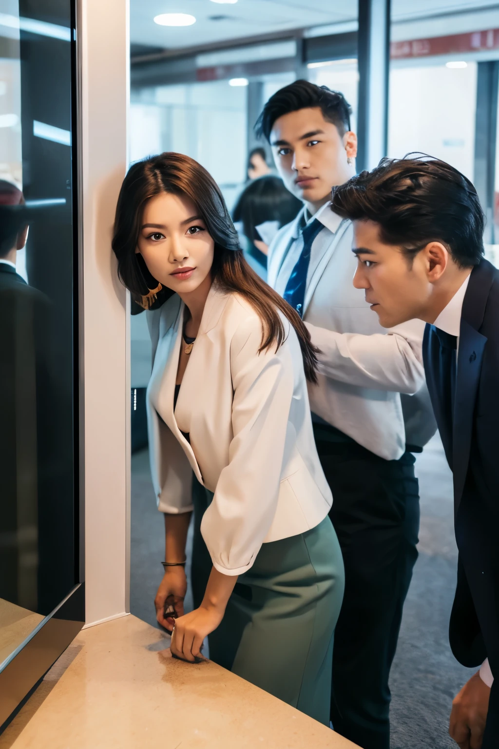 She looks 15 but、She has the cute face of a 20-year-old idol. Gentle and cute ((Crying expression)) Medium bust Wear a bikini She is a tall building々She works in a small office wearing a bikini.、((He is having a conversation with his male colleagues in suits in the office, looking like he is about to cry.)). RAW Photos Genuine Genuine Life Do not display copyright