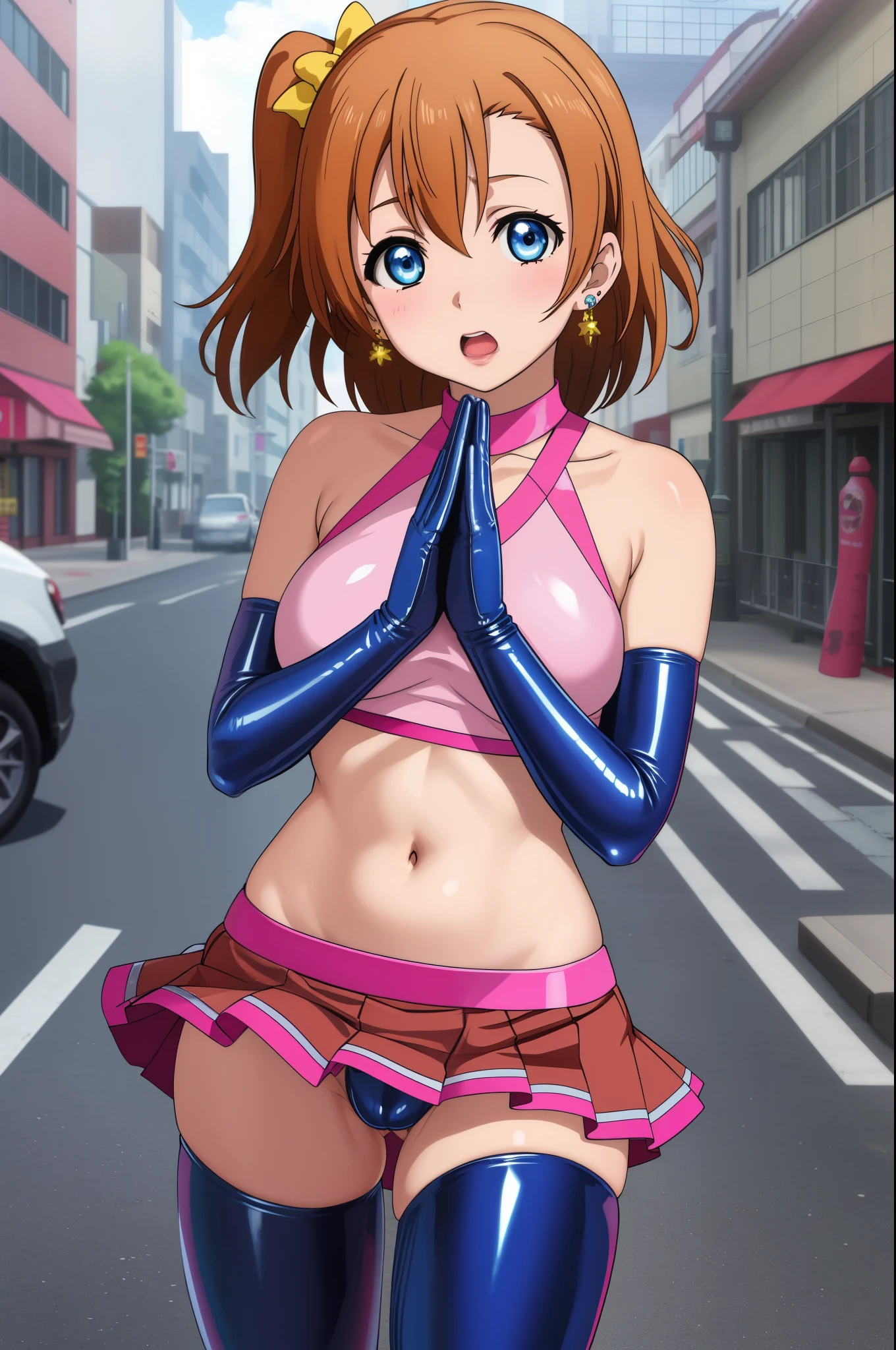 masterpiece, best quality,8k wallpaper, blue eyes,cowboy shot,kousaka honoka, (pink tight crop top), halter neck,breasts , elbow gloves, (pink latex skirt), in street , solo, (standing:0.8), earrings, posing , crotch , hands under skirt, masturbating 