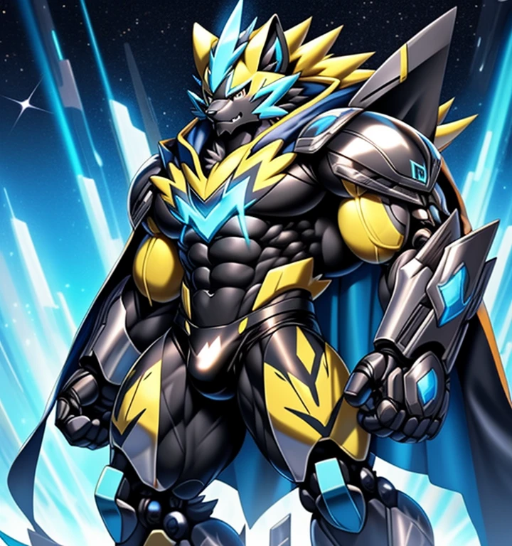 (masterpiece, best quality, detailed:1.2)
(Pokémon)
Powered exoskeleton with the same design as Zeraora
big muscle,
GIANT,
pecs, triceps, traps, waist narrow,
unusually developed muscular body,
bulge in the crotch, wears a small black string thong that reveals huge, muscular thighs. (metallic color: jet black thong)
body full of huge muscles.
also have a cloak on my back.
The cloak is so long that it touches the ground,
showing off muscles,
mechs,
Correct limbs,
detailed full body,
Very muscular,
Large pecs,
Heavyweight,
Bodybuilder figure,
Wearing cyberpunk mecha,
big bump,
sparkling skin,
Vibrant colors, 4K,
realism,
galactic cybernetics mask,
full body,
wearing a dark bodysuit underneath,
a knight's mechanical armor,
glowing wide and heavy armor,
he wears a bizarre fantasy surreal-style chest armor with scales,
absolutely stunning art,
4K, realism, Don't stray too far from Zeraora's design, Furry Heroes, Main is yellow COLOR,