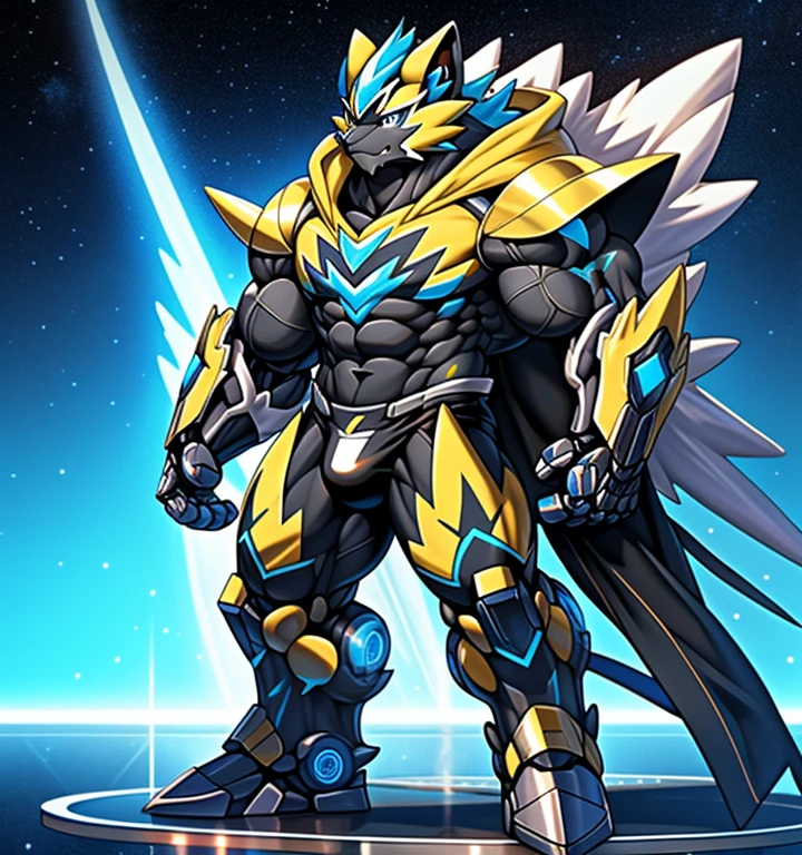 (masterpiece, best quality, detailed:1.2)
(Pokémon)
Powered exoskeleton with the same design as Zeraora
big muscle,
GIANT,
pecs, triceps, traps, waist narrow,
unusually developed muscular body,
bulge in the crotch, wears a small black string thong that reveals huge, muscular thighs. (metallic color: jet black thong)
body full of huge muscles.
also have a cloak on my back.
The cloak is so long that it touches the ground,
showing off muscles,
mechs,
Correct limbs,
detailed full body,
Very muscular,
Large pecs,
Heavyweight,
Bodybuilder figure,
Wearing cyberpunk mecha,
big bump,
sparkling skin,
Vibrant colors, 4K,
realism,
galactic cybernetics mask,
full body, 
wearing a dark bodysuit underneath, 
a knight's mechanical armor,
glowing wide and heavy armor,
he wears a bizarre fantasy surreal-style chest armor with scales,
absolutely stunning art,
4K, realism, Don't stray too far from Zeraora's design, Furry Heroes, Main is yellow COLOR,