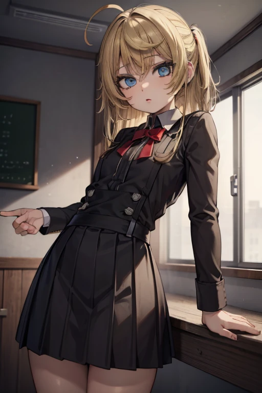 Best quality, Very high accuracy, (reality:1.4), 1girl, Buttoned shirt, black skirt, school, Dark brown hair, Breasts, (Blonde hair:1.2), Looking at the viewer, (Highly detailed face:1.1),,  (PureErosFace_V1:0.8),Tik Tok,  