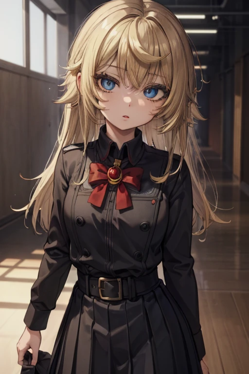 Best quality, Very high accuracy, (reality:1.4), 1girl, Buttoned shirt, black skirt, school, Dark brown hair, Breasts, (Blonde hair:1.2), Looking at the viewer, (Highly detailed face:1.1),,  (PureErosFace_V1:0.8),Tik Tok,  