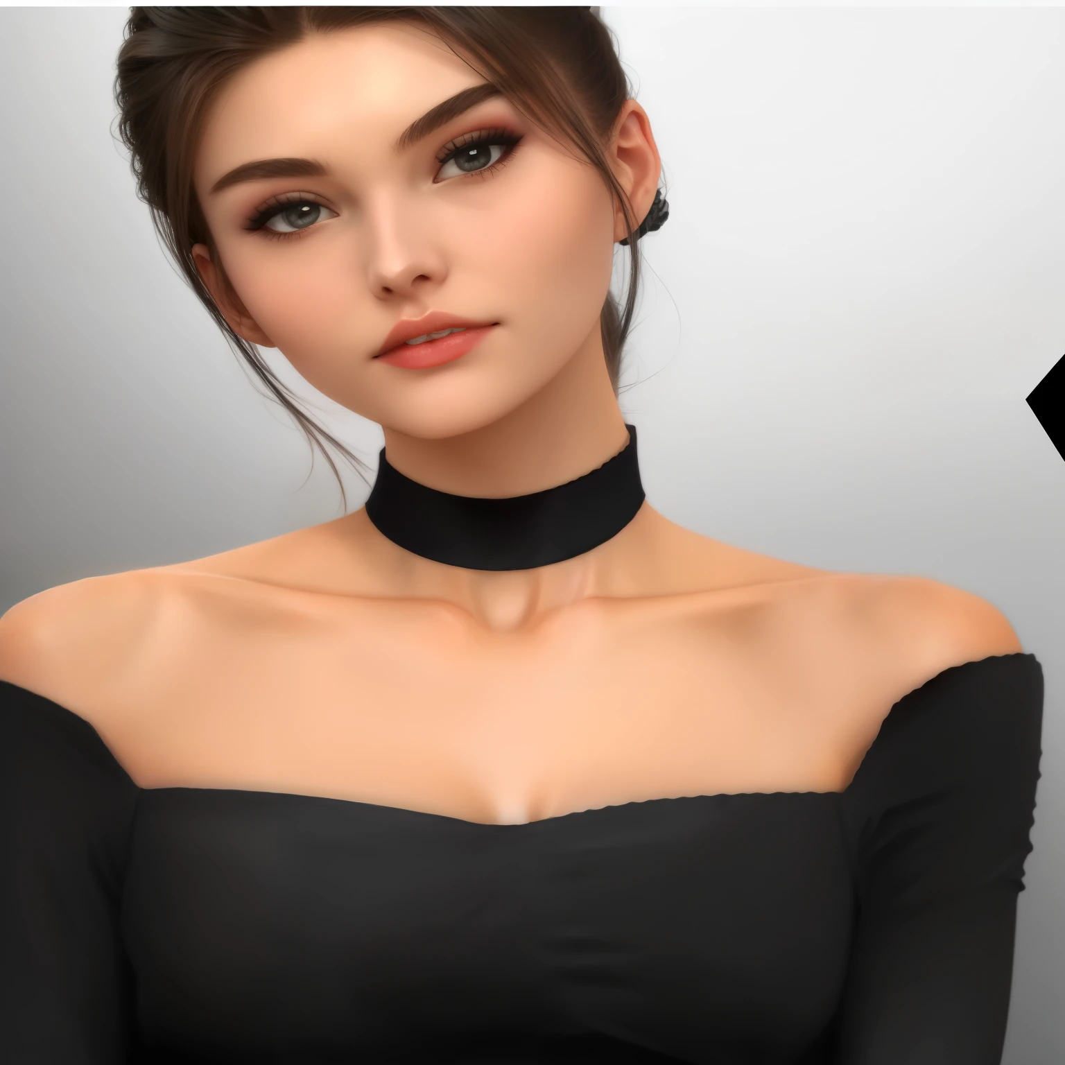 a close up of a woman wearing a choke and a black dress, wearing black choker, choker around neck, wearing choker, choker on neck, tanny skin, wearing intricate black choker, black choker, inspired by Sim Sa-jeong, inspired by Emma Andijewska, beautiful realistic upper body, a black choker, thick collar, faired skin, collar on neck