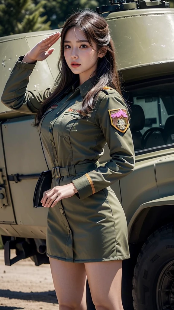 8k, highest quality, ultra detailed:1.37), Eliana, ((20 years)), a beautiful Korean girl, ((proudly stands in a Yellow Colour Luxury military uniform)), representing her role as a soldier. She wears a fitted tight Yellow dress. The high-resolution image captures ultra-detailed realism, highlighting Eliana's determined expression, piercing eyes, and confident stance. The backdrop showcases an forest, adding to the authenticity and significance of the image. This visually striking representation showcases Eliana's strength and dedication as a soldier, cute knees, Lake, ((Pine trees)), ((Detailed face)), ((Perfect body figure)), ((Detailed hair)), ((Detailed Dress)), Tanker, Army vehicle, ((S-500 missile launcher)), Missile fired from Launcher, k, Armour vehicles, ((Pink rose flower in Hand)), (( Detailed background)), ((detailed skin)), ((detailed Armour vehicles)), Stylish look, Battlefield, War field, Running, Missile impacted Background, Helicopter, ((((salute to camara man)))), ((((Doing Parede)))), ((((army salute)))), 