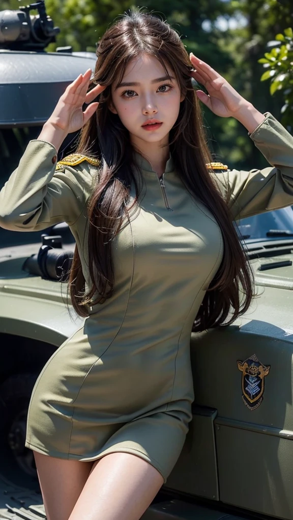 8k, highest quality, ultra detailed:1.37), Eliana, ((20 years)), a beautiful Korean girl, ((proudly stands in a Yellow Colour Luxury military uniform)), representing her role as a soldier. She wears a fitted tight Yellow dress. The high-resolution image captures ultra-detailed realism, highlighting Eliana's determined expression, piercing eyes, and confident stance. The backdrop showcases an forest, adding to the authenticity and significance of the image. This visually striking representation showcases Eliana's strength and dedication as a soldier, cute knees, Lake, ((Pine trees)), ((Detailed face)), ((Perfect body figure)), ((Detailed hair)), ((Detailed Dress)), Tanker, Army vehicle, ((S-500 missile launcher)), Missile fired from Launcher, k, Armour vehicles, ((Pink rose flower in Hand)), (( Detailed background)), ((detailed skin)), ((detailed Armour vehicles)), Stylish look, Battlefield, War field, Running, Missile impacted Background, Helicopter, ((((salute to camara man)))), ((((Doing Parede)))), ((((army salute)))), 