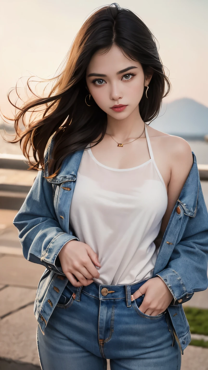 Best quality, masterpiece, super high resolution, (realistic: 1.4), original photo, (evening street), two people, 1 girl, dark eyes, looking at the audience, long hair, light makeup, lips, small ears, white t-shirt, denim shorts, earrings, slim, 1 50 years old middle-aged woman, at a distance