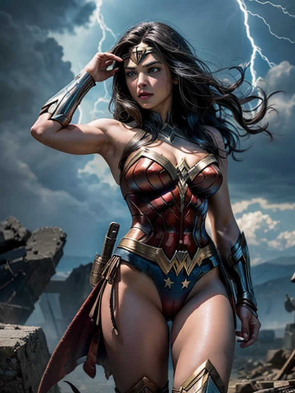 Generate a scene inspired by the epic battle sequence from Avengers: Endgame. The setting is a war-torn landscape with rubble and debris scattered around.
In the foreground, pornstar wonder woman is wearing a thong micro-bikini summons lightning, casting a powerful spell. The sky is dark and ominous, with flashes of lightning illuminating the scene. The scene is dynamic and intense, capturing the chaos and heroism of the battle.
wonder woman is half naked wearing skimpy micro-bikini-thong costumes