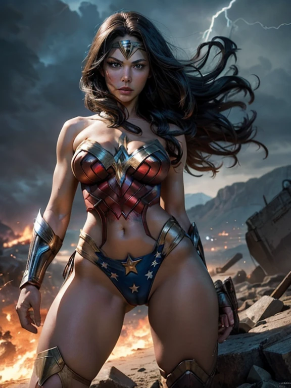 Generate a scene inspired by the epic battle sequence from Avengers: Endgame. The setting is a war-torn landscape with rubble and debris scattered around.
In the foreground, pornstar wonder woman is wearing a thong micro-bikini summons lightning, casting a powerful spell. The sky is dark and ominous, with flashes of lightning illuminating the scene. The scene is dynamic and intense, capturing the chaos and heroism of the battle.
wonder woman is half naked wearing skimpy micro-bikini-thong costumes