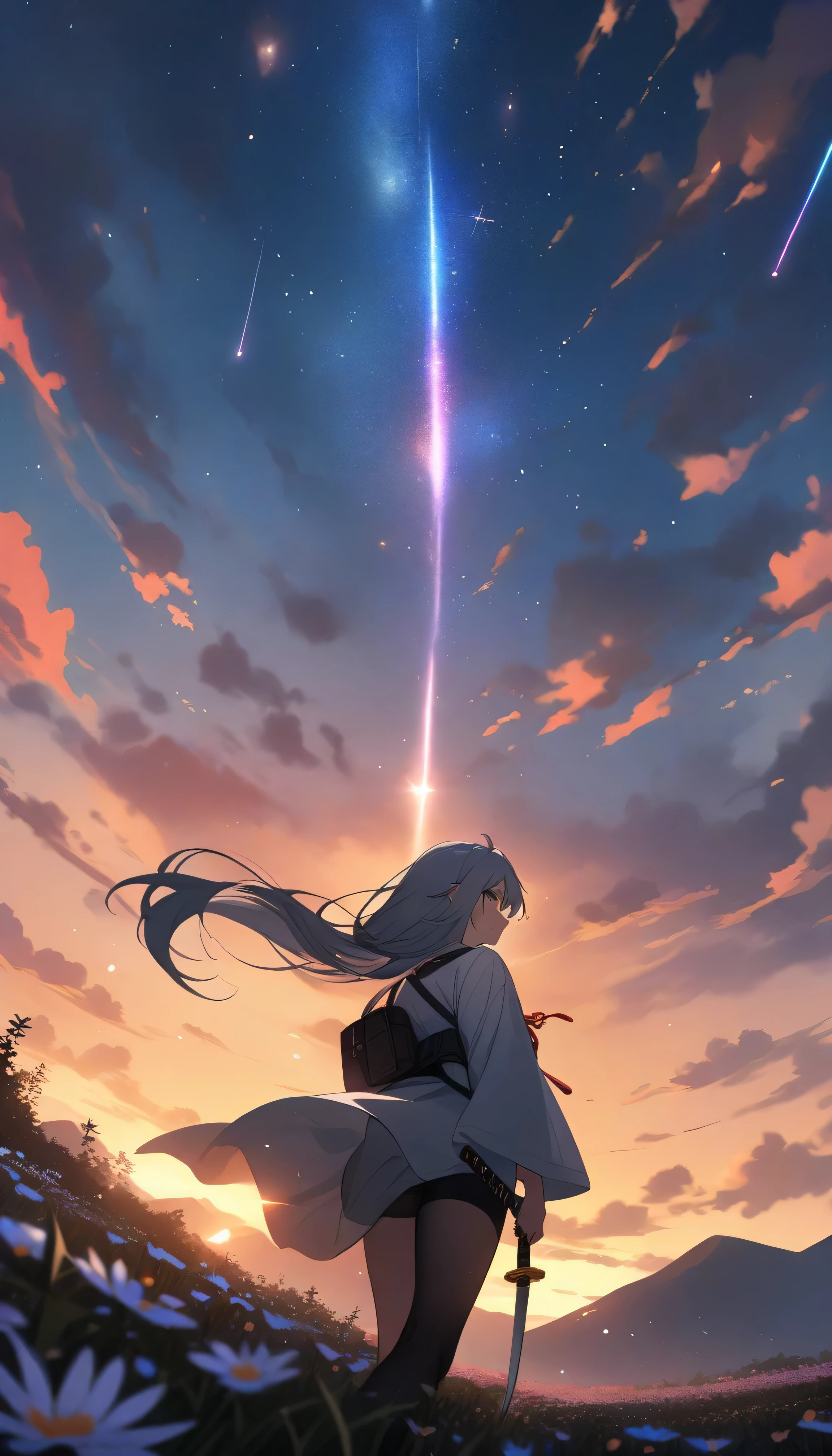 Resolution full, best quality, masterpiece, full HD, beautifull girl, foggy theme, super detailed, 1girl, cute girl, long hair, silver hair, pony tail hair. detailed beautiful aqua eyes, white kimono.  holding glowing katana. from below, focus at girl. Badass scene. in flower field. Mountains. Day sky, gradient sky, sunset. Shooting stars. bokeh. Particle bokeh.  Depth of field.