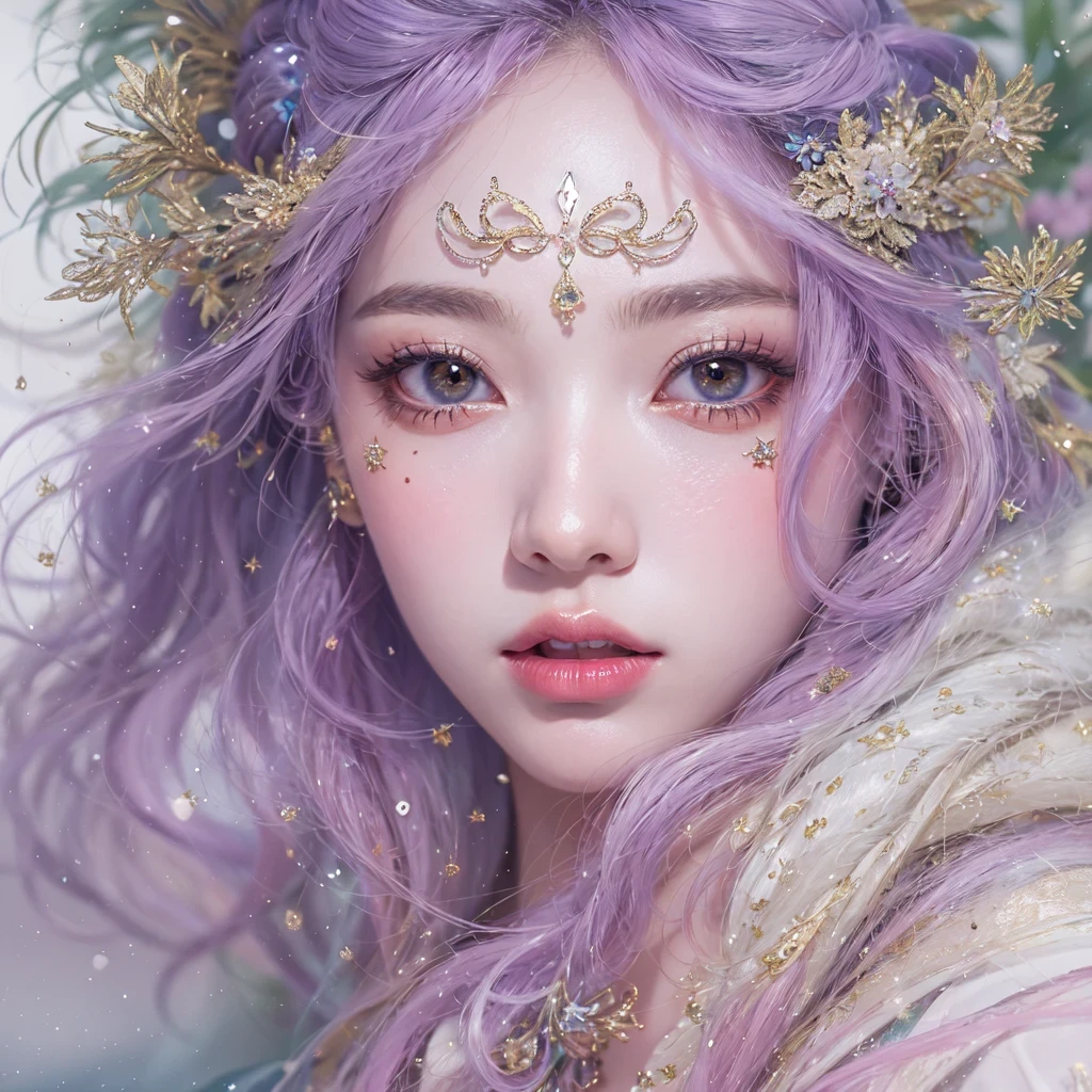 (((Single eyelid)))Snow hoop exclusion area 32K(tmasterpiece,k hd,hyper HD,32K)Long flowing purple-pink hair,Autumn Pond,zydink, a color, Tongzhou people (Girl with glowing eyes), (Thin silk scarf), Side squat position, looking at the ground, long whitr hair, Floating hair, Python headdress, Chinese long-sleeved clothing, (abstract ink splash:1.2), white backgrounid,Lotus protector(realisticlying:1.4),Purple-pink hair,Snowflakes fluttering,The background is pure, A high resolution, the detail, RAW photogr, Sharp Re, Nikon D850 Film Stock Photo by Jefferies Lee 4 Kodak Portra 400 Camera F1.6 shots, Rich colors, ultra-realistic vivid textures, Dramatic lighting, Unreal Engine Art Station Trend, cinestir 800,Long flowing purple-pink hair,((masterpiece)). This artwork is sweet, dreamy and ethereal, with soft pink watercolor hues and candy accents. Generate a delicate and demure fae exploring a (bubblegum world with a wide variety of pastel shades). Her sweet face is extremely detailed and realistic with elegant features and a fierce expression, and looks like ((((naomi scott)))). Include mature features and stunning, highly realistic eyes. Her eyes are important and should be realistic, highly detailed, and beautiful. In high definition and detail, include lots of details like stars, galaxies, colorful bubbles, colorful petals, and lots of energy and emotion! The stars and colorful bubblegum bubbles are important! Include fantasy details, enhanced details, iridescence, colorful glittering wind, and pollen. Pay special attention to her face and make sure it is beautifully and realistically detailed. The image should be dreamy and ethereal.8k, intricate, elegant, highly detailed, majestic, digital photography