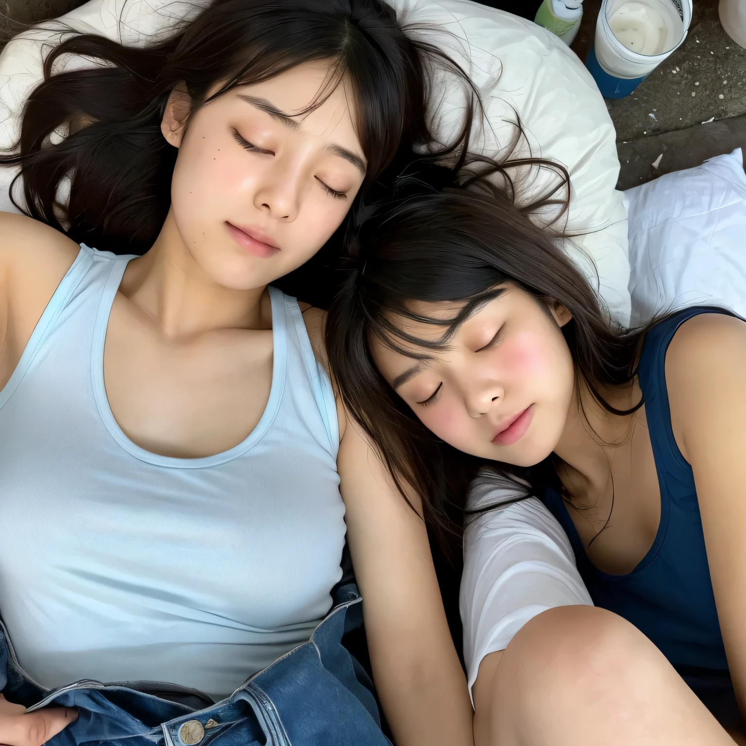 Two people、Identical twin sisters、Best image quality,, Ultra-high resolution, (Faithfulness:1.4),Realistic woman,Realistic body, photograph, cute ,Shortcuts,Realistic Face,Japanese women,Exposing shoulders,Tattered clothes,Messy Hair, Thin and thin,Young Face,high ,,High milk,Messy Hair,poor,Sleeping with trash,close your eyes,Buried in garbage,Sleep on your side,pile of trash,Sleeping girl,A trashy place,Sleep alone'Came back,Ripped tank top,Tattered Tank Top,Surrounded by trash,Concentrated Cut.Battered girl,cute face、(8k, RAW photo, best quality, masterpiece:1.2), (realistic, photo-realistic:1.4), (extremely detailed 8k wallpaper),Highly detailed face、Highly detailed eyes、Extremely realistic skin、Highly detailed fingers, Highly detailed nose, Highly detailed mouth,
