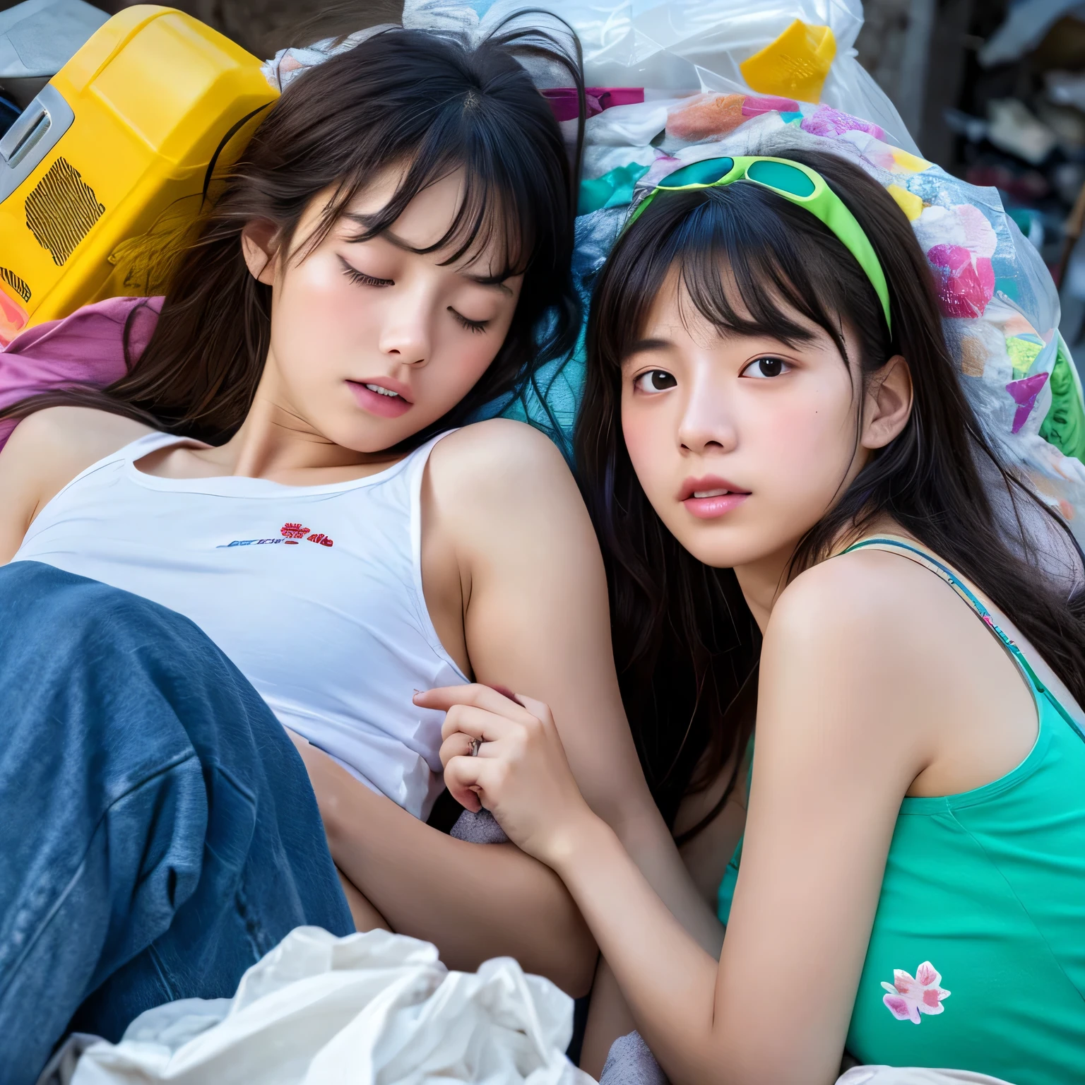 Two people、Identical twin sisters、Best image quality,, Ultra-high resolution, (Faithfulness:1.4),Realistic woman,Realistic body, photograph, cute ,Shortcuts,Realistic Face,Japanese women,Exposing shoulders,Tattered clothes,Messy Hair, Thin and thin,Young Face,high school student,,High milk,Messy Hair,poor,Sleeping with trash,close your eyes,Buried in garbage,Sleep on your side,pile of trash,Sleeping girl,A trashy place,Sleep alone'Came back,Ripped tank top,Tattered Tank Top,Surrounded by trash,Concentrated Cut.Battered girl,cute face